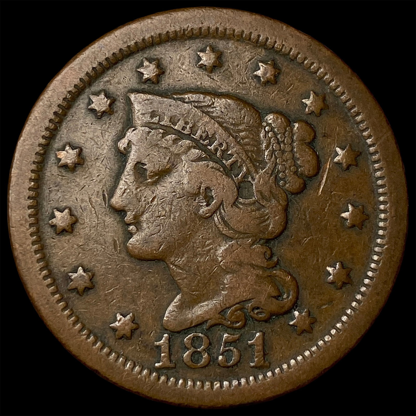 1851 Braided Hair Large Cent ABOUT UNCIRCULATED (1 of 2)