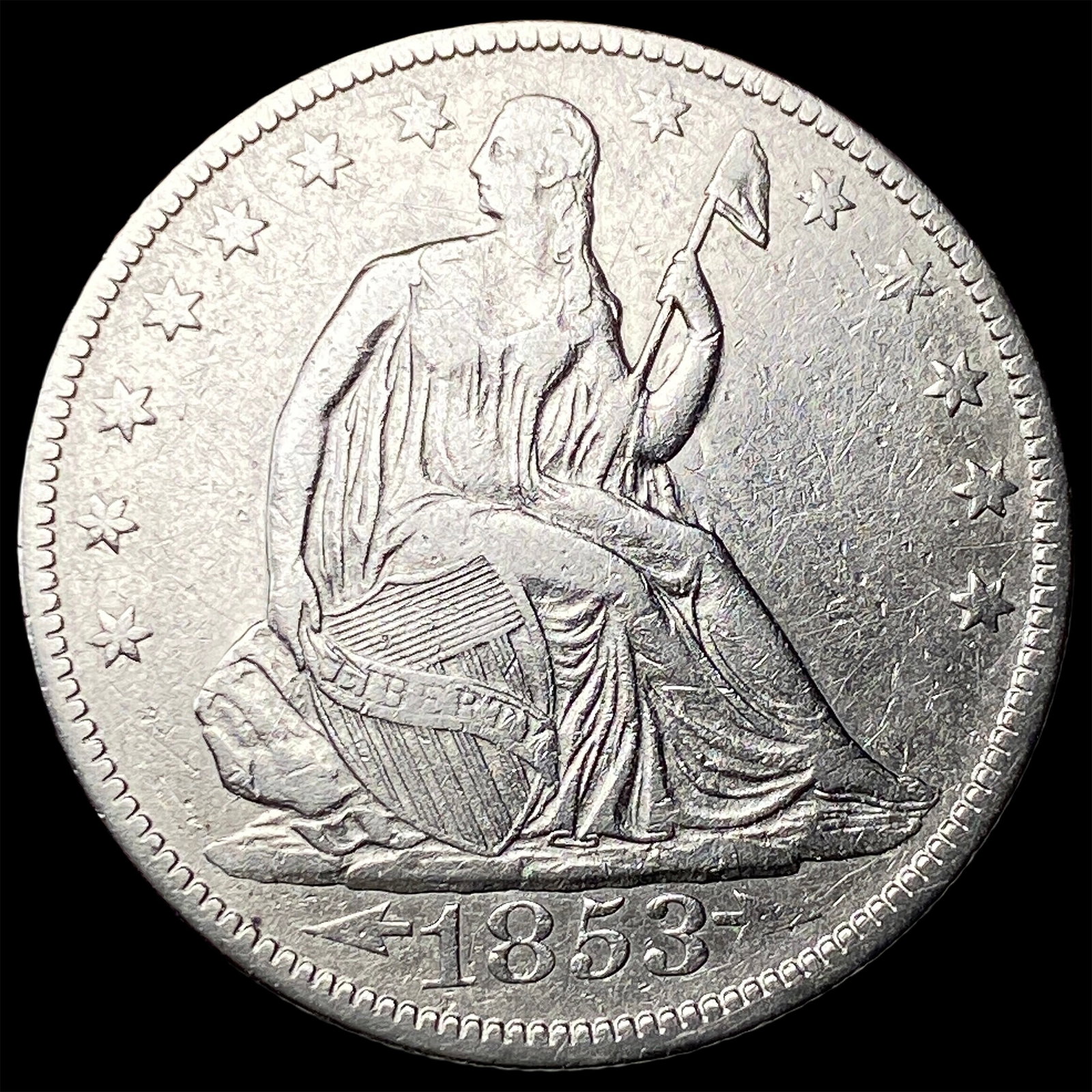 1853 Arrows/Rays Seated Liberty Half Dollar LIGHTLY CIRCULATED: 1853 Arrows/Rays Seated Liberty Half Dollar LIGHTLY CIRCULATED