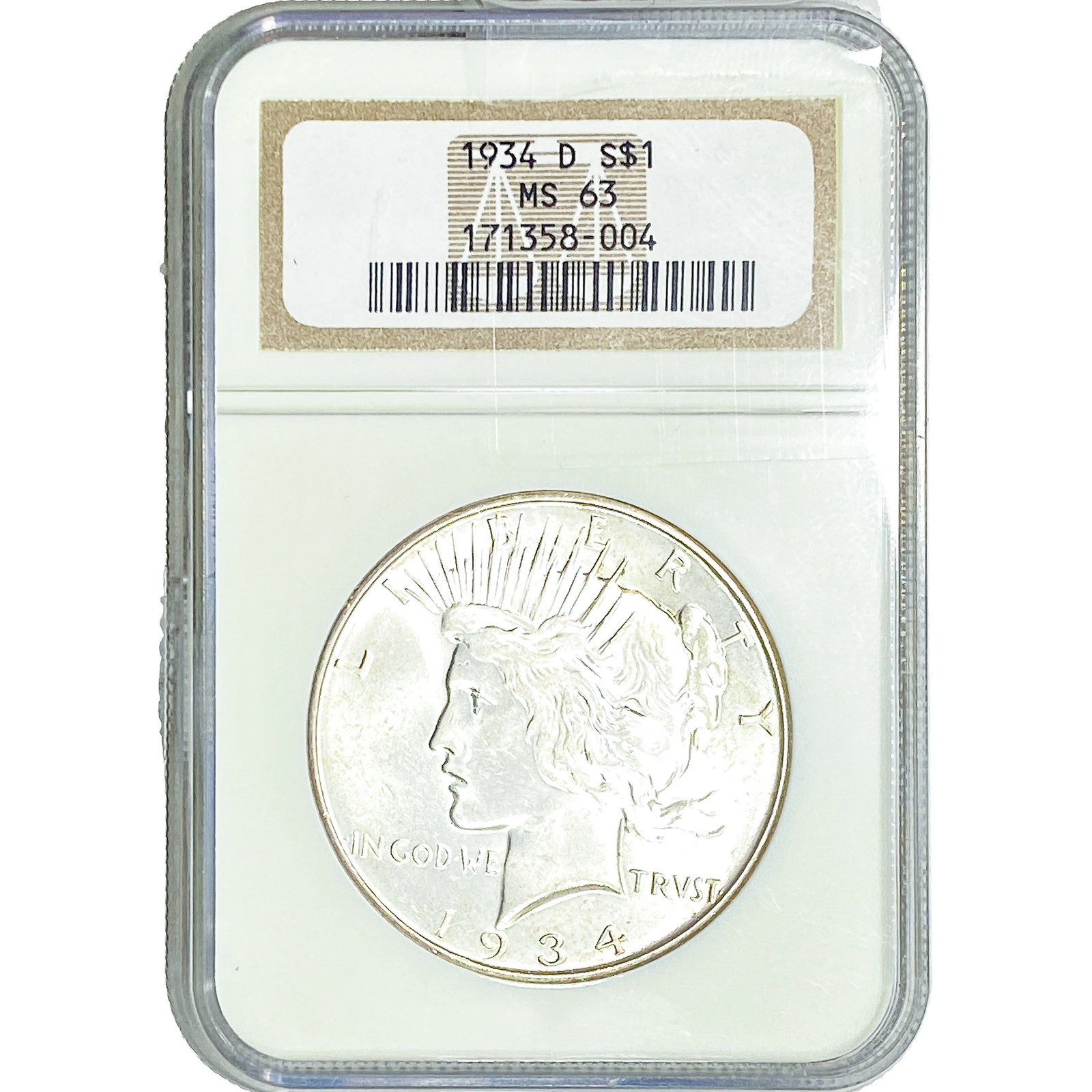 1934-D Silver Peace Dollar NGC MS63: 1934-D Silver Peace Dollar NGC MS63