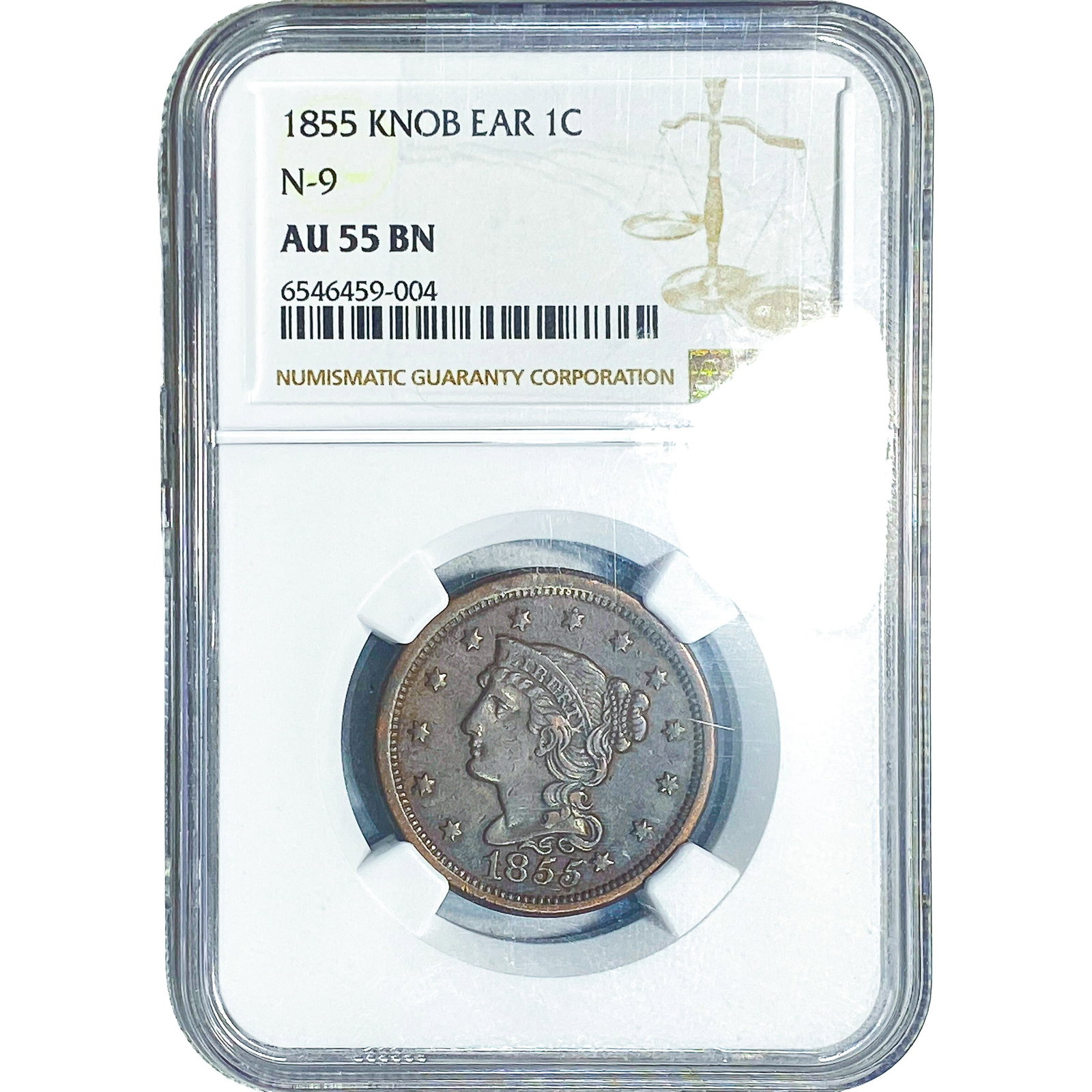 1855 Braided Hair Large Cent NGC AU55 BN Knob Ear N-9 (1 of 2)