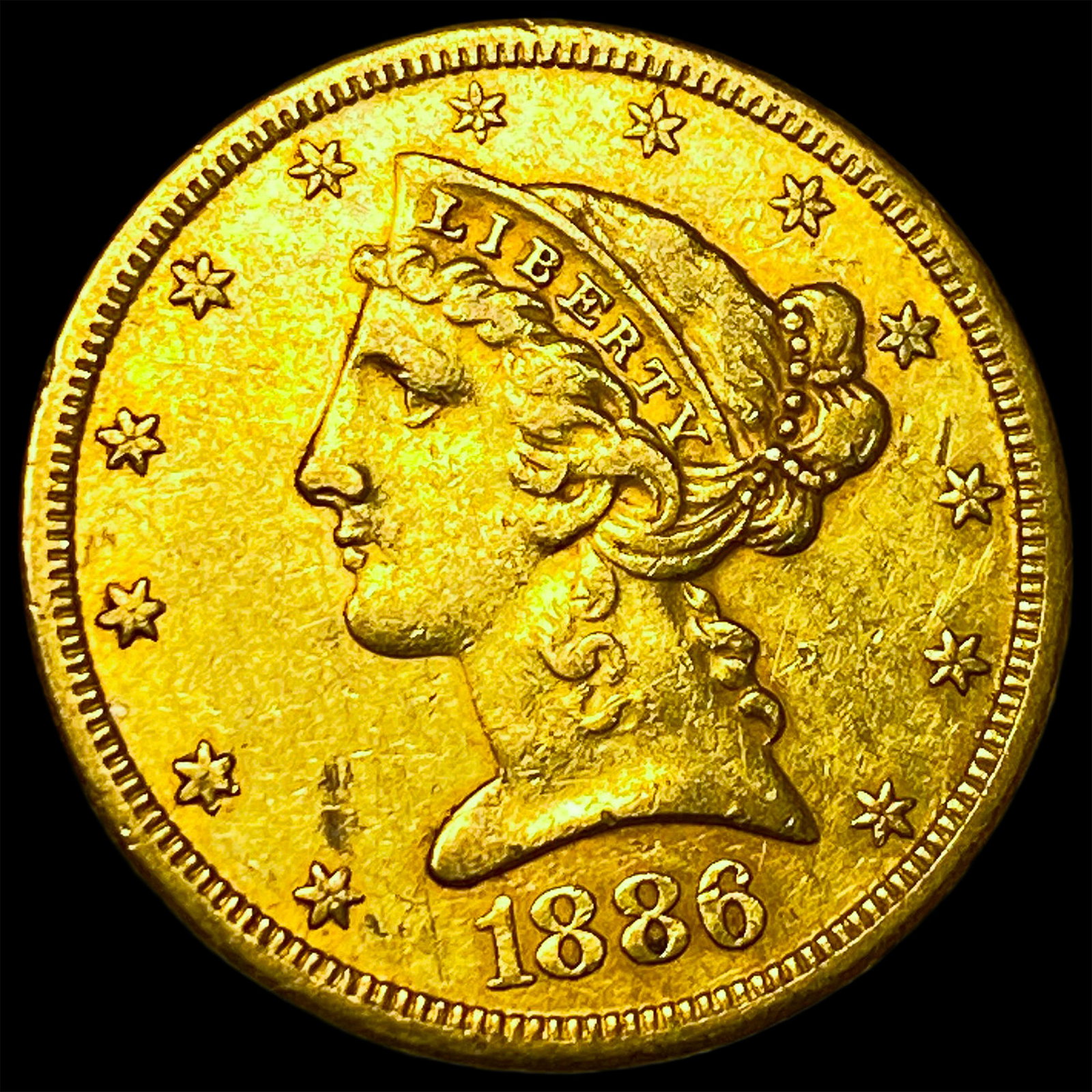 1886-S Gold $5 Half Eagle CLOSELY UNCIRCULATED: 1886-S Gold $5 Half Eagle CLOSELY UNCIRCULATED
