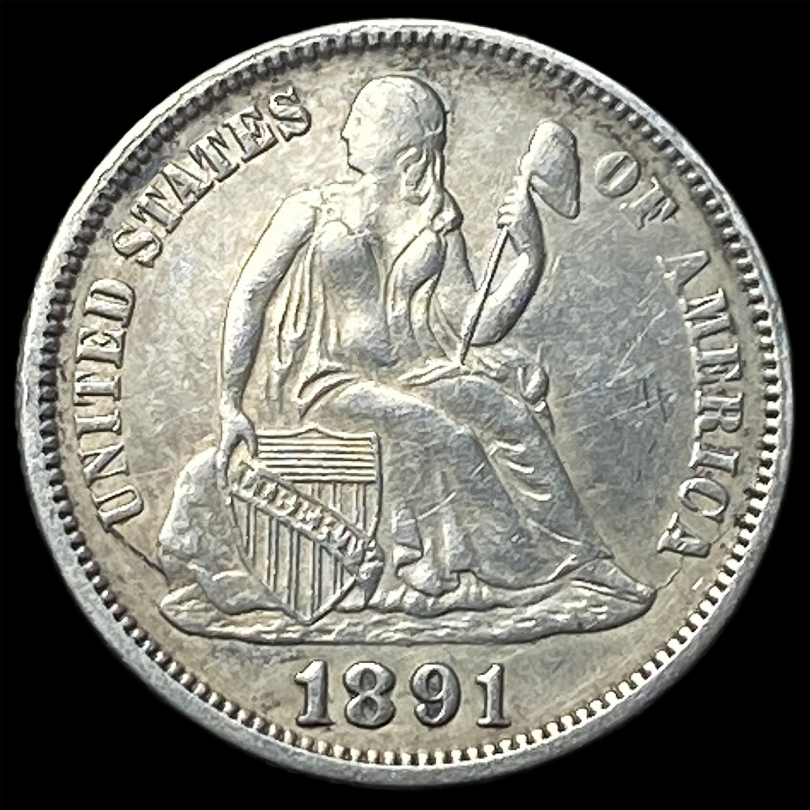 1891 Silver Dime (Seated Liberty) CLOSELY UNCIRCULATED: 1891 Silver Dime (Seated Liberty) CLOSELY UNCIRCULATED