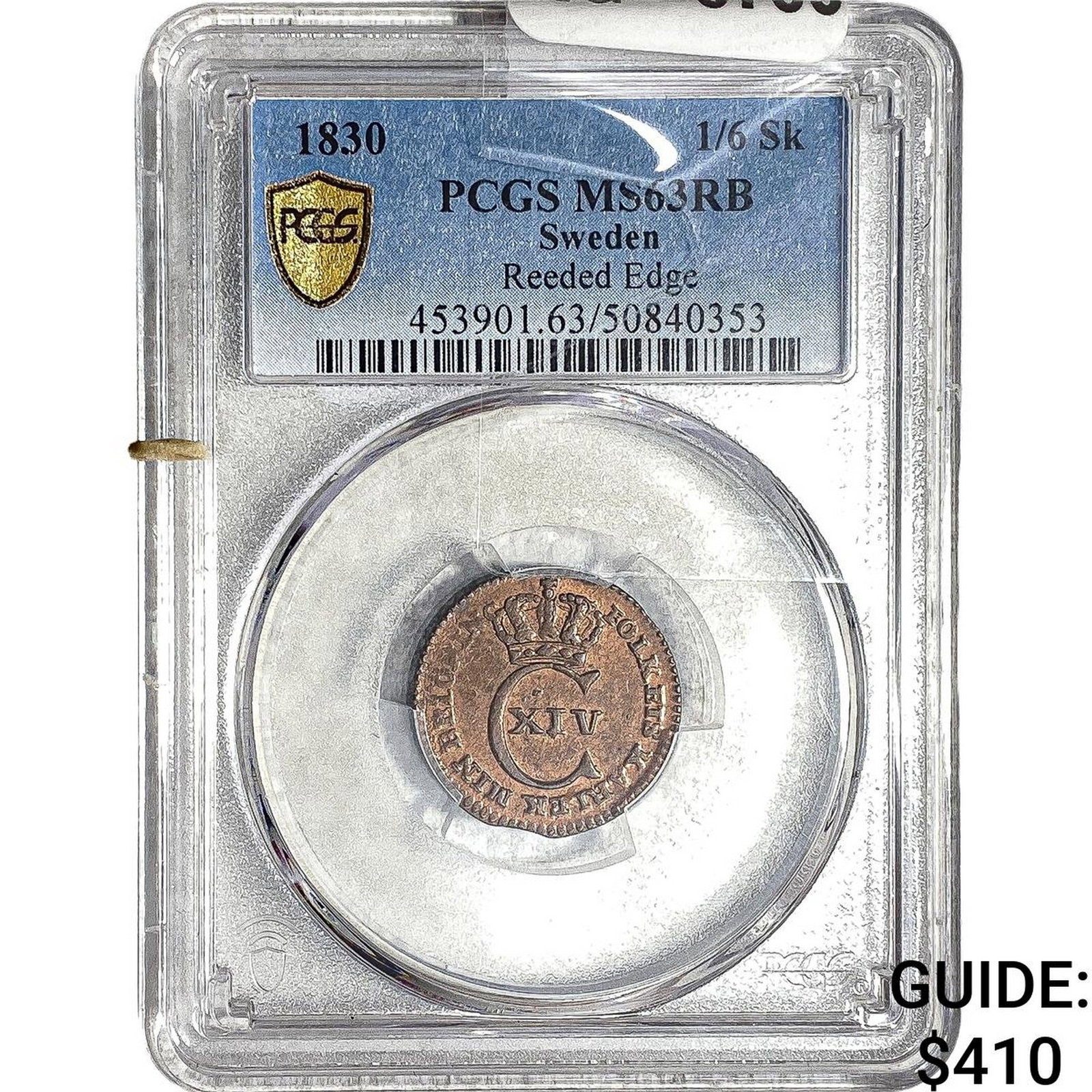 1830 Sweden Copper 1/6 Skilling PCGS MS63 RB (1 of 2)