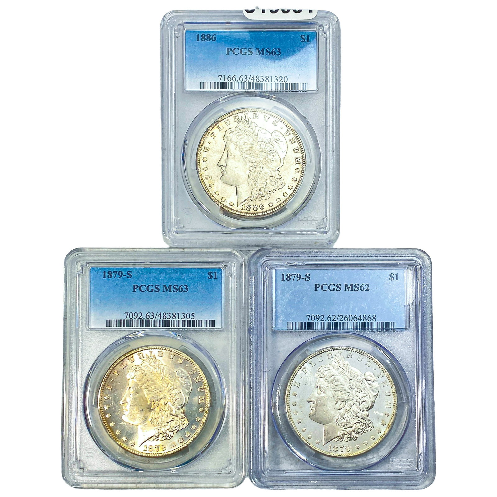 [3 Coins] 1879-1886 Morgan Silver Dollar PCGS MS62-63: [3 Coins] 1879-1886 Morgan Silver Dollar PCGS MS62-63