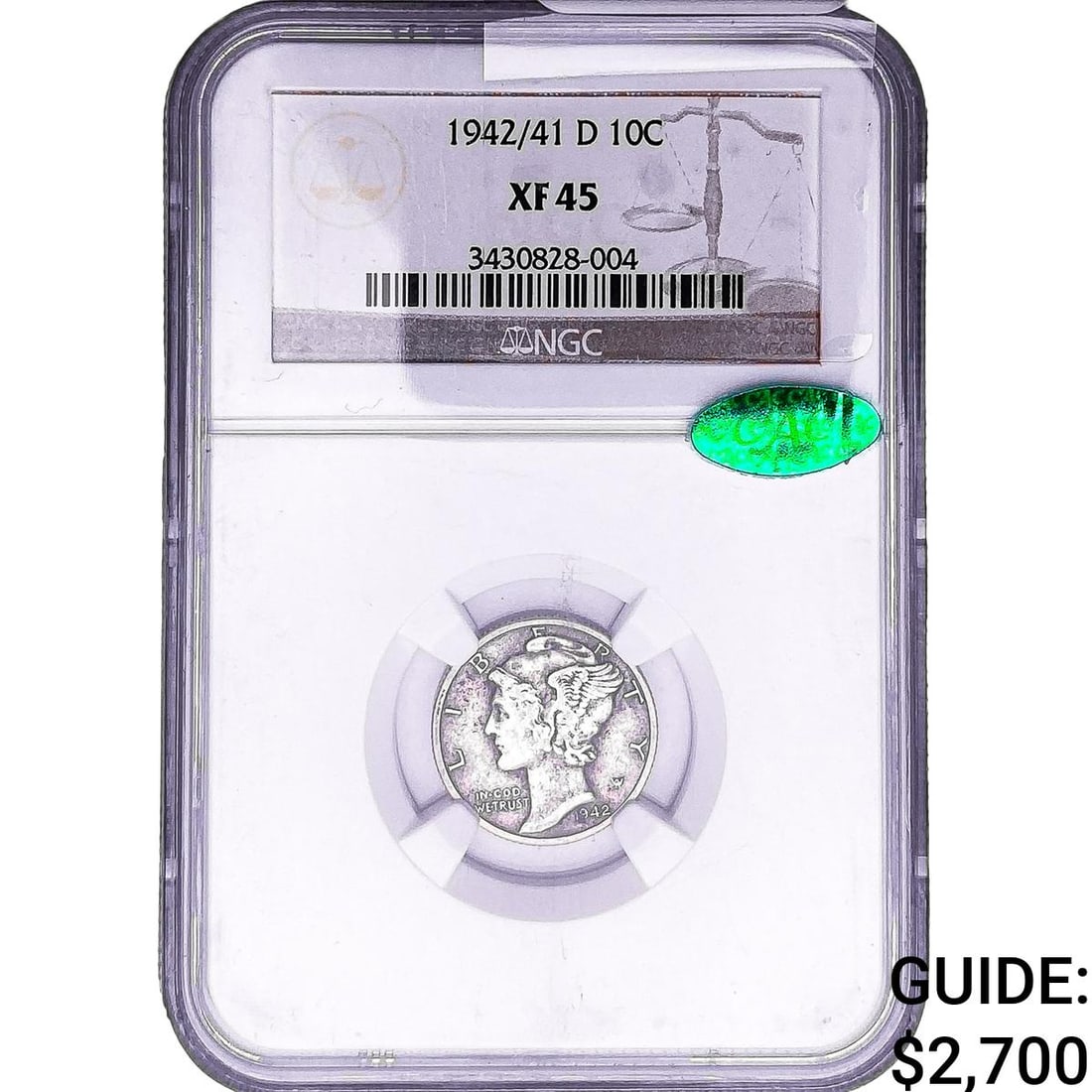 1942/41-D CAC Mercury Silver Dime NGC XF45: 1942/41-D CAC Mercury Silver Dime NGC XF45