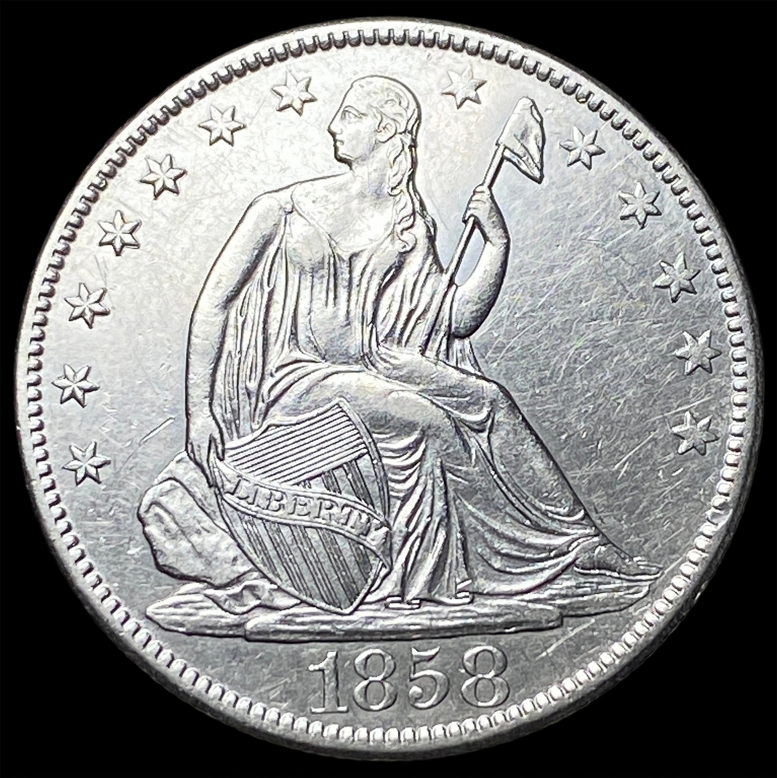 1858-O Silver Seated Liberty Half Dollar CLOSELY UNCIRCULATED: 1858-O Silver Seated Liberty Half Dollar CLOSELY UNCIRCULATED