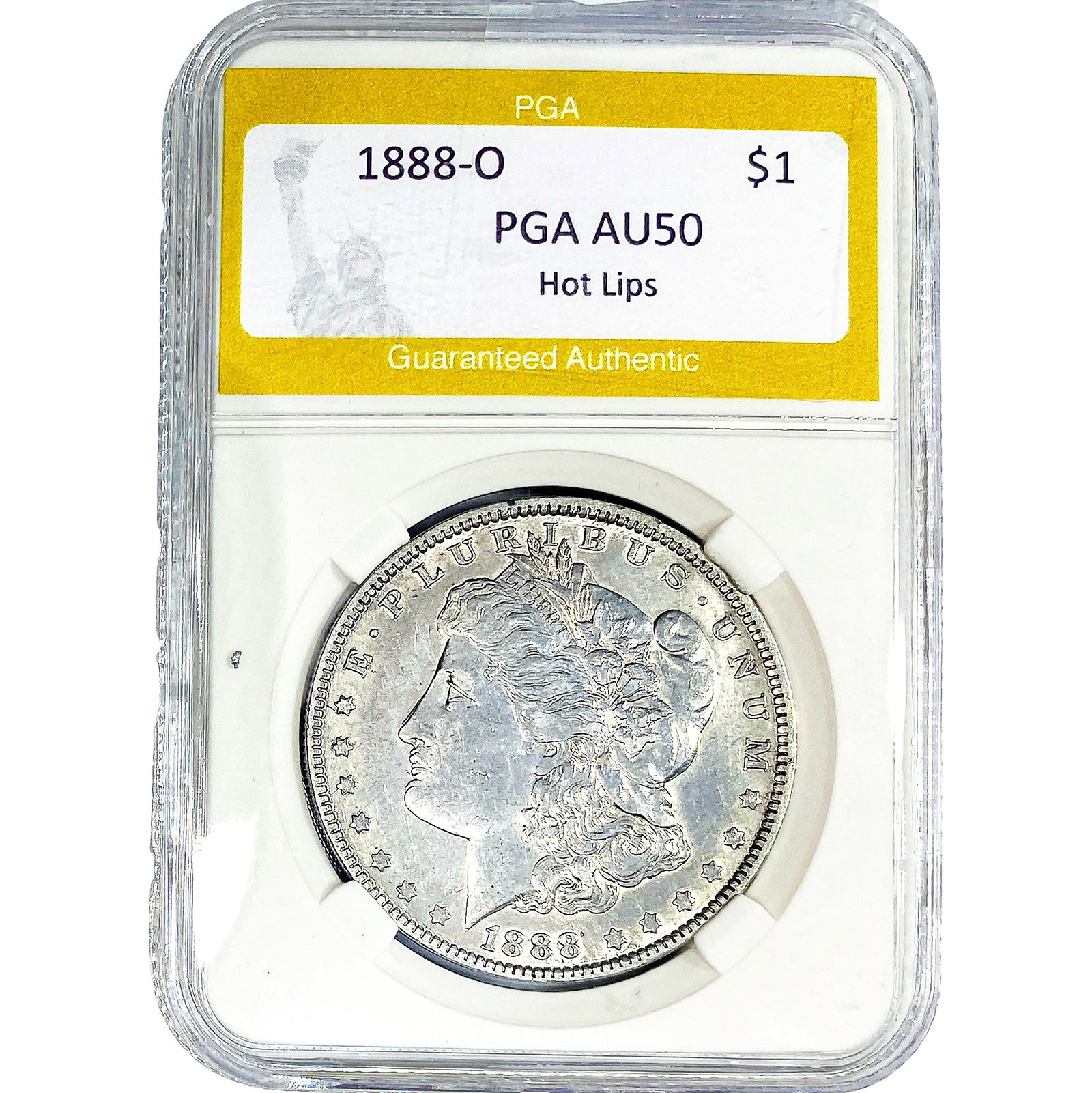 1888-O Morgan Silver Dollar PGA AU50 Hot Lips: 1888-O Morgan Silver Dollar PGA AU50 Hot Lips