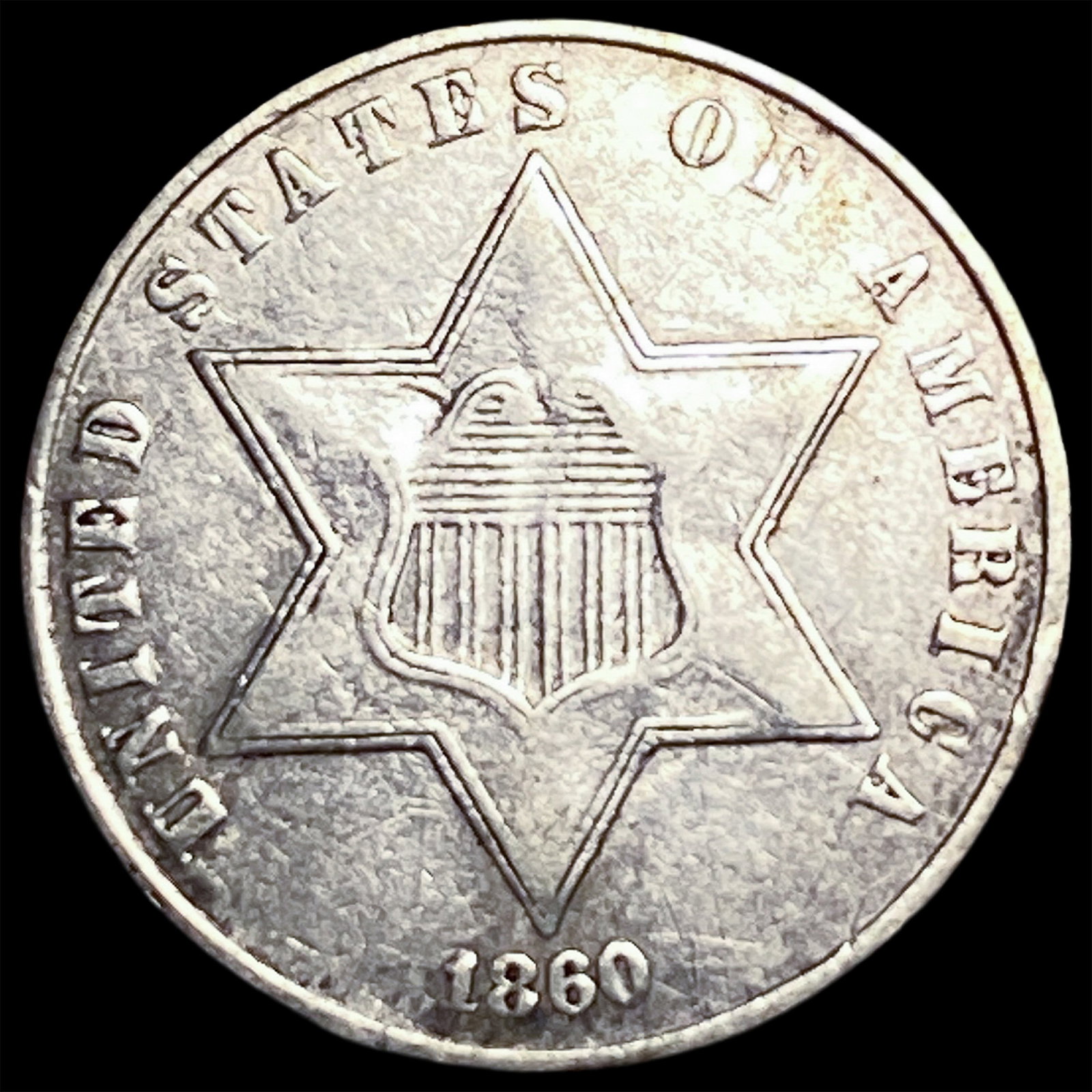 1860 Silver Three-Cent Piece NEARLY UNCIRCULATED (1 of 2)