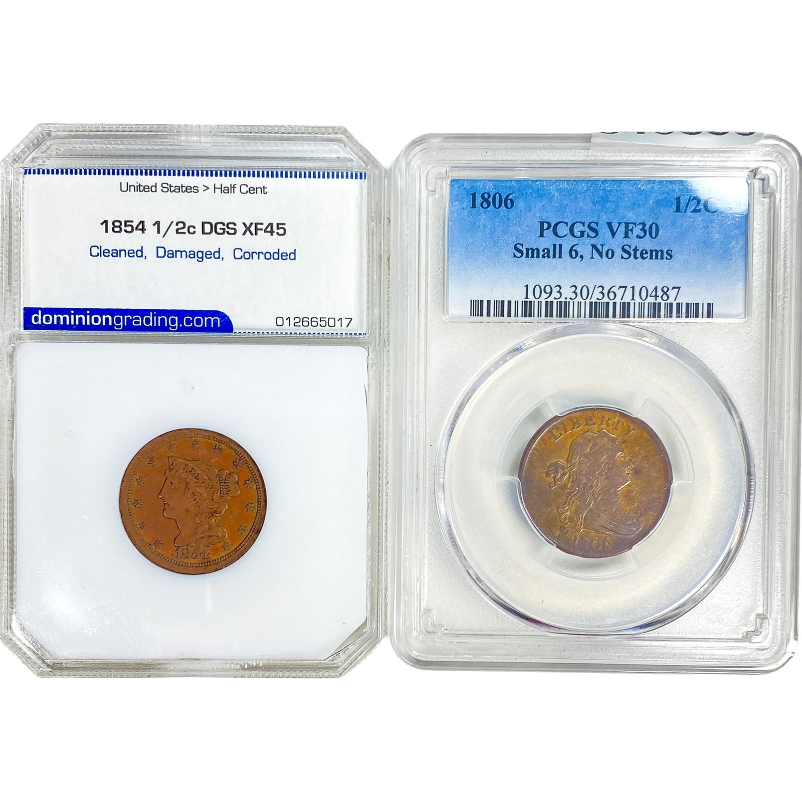 [2 Coins] 1806-1854 U.S. 1/2C Lot PCI/PCGS VF/XF30-45: [2 Coins] 1806-1854 U.S. 1/2C Lot PCI/PCGS VF/XF30-45