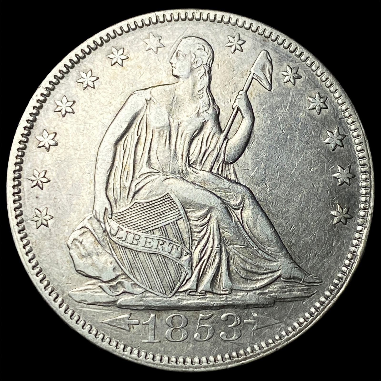 1853 Arrows/Rays Seated Liberty Half Dollar CHOICE AU: 1853 Arrows/Rays Seated Liberty Half Dollar CHOICE AU