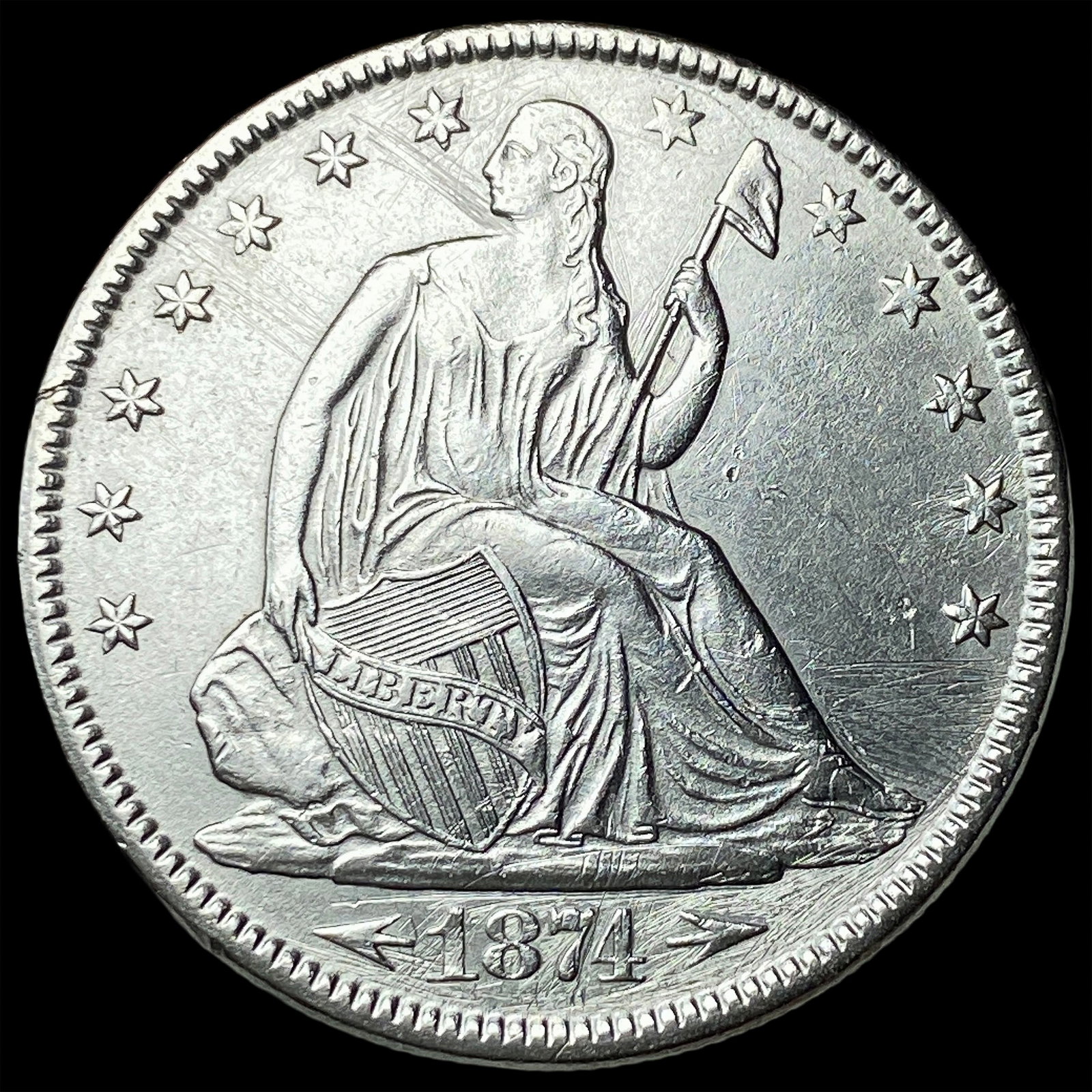 1874 Arrows Silver Seated Liberty Half Dollar CLOSELY UNCIRCULATED: 1874 Arrows Silver Seated Liberty Half Dollar CLOSELY UNCIRCULATED