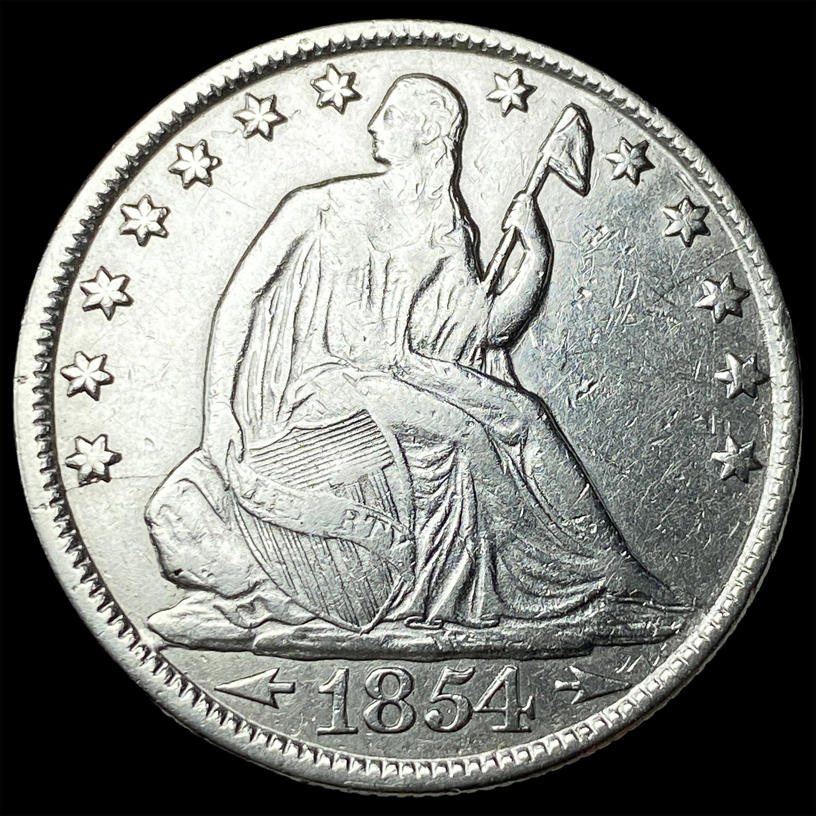 1854-O Arrows Silver Seated Liberty Half Dollar ABOUT UNCIRCULATED: 1854-O Arrows Silver Seated Liberty Half Dollar ABOUT UNCIRCULATED