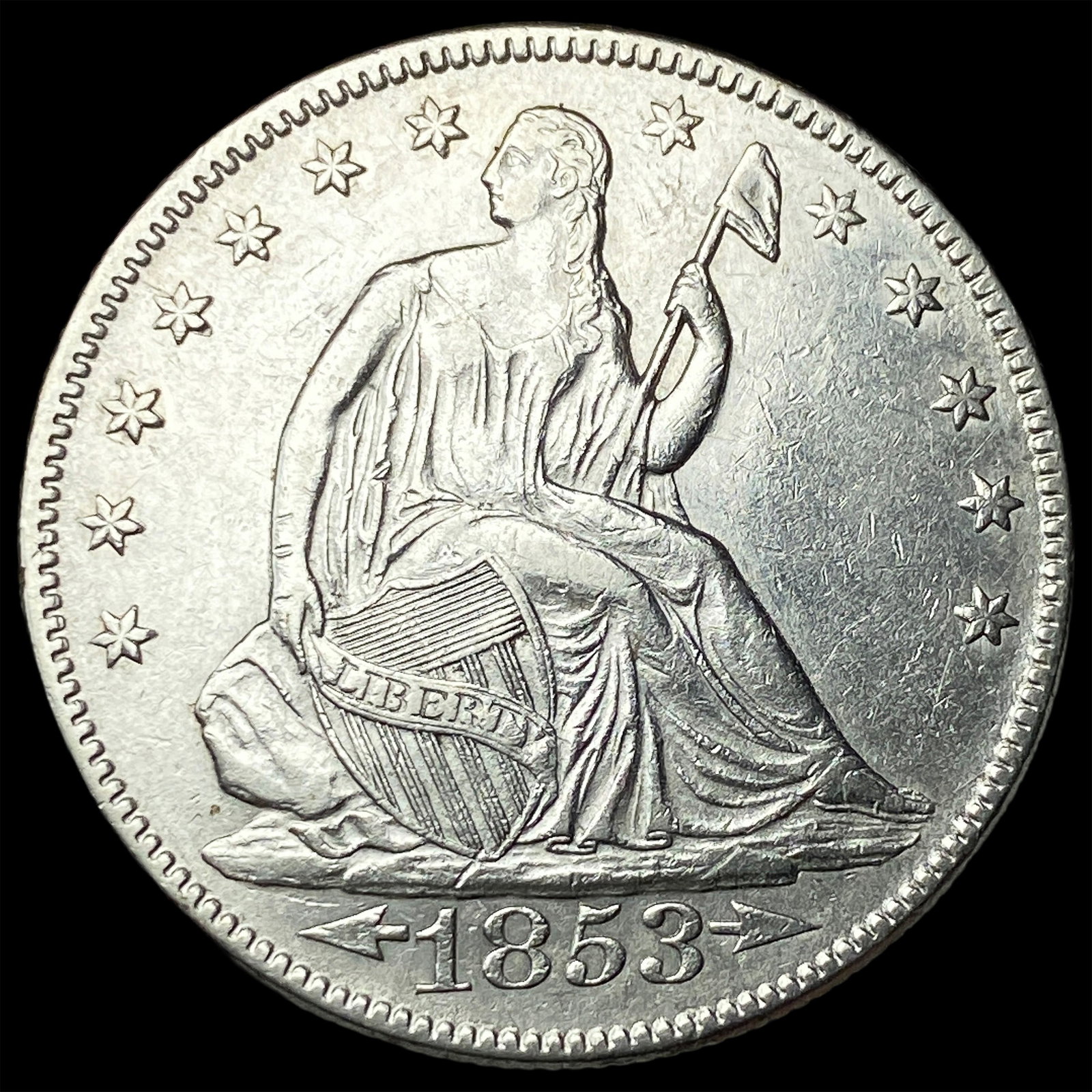 1853 Arrows/Rays Seated Liberty Half Dollar CLOSELY UNCIRCULATED: 1853 Arrows/Rays Seated Liberty Half Dollar CLOSELY UNCIRCULATED