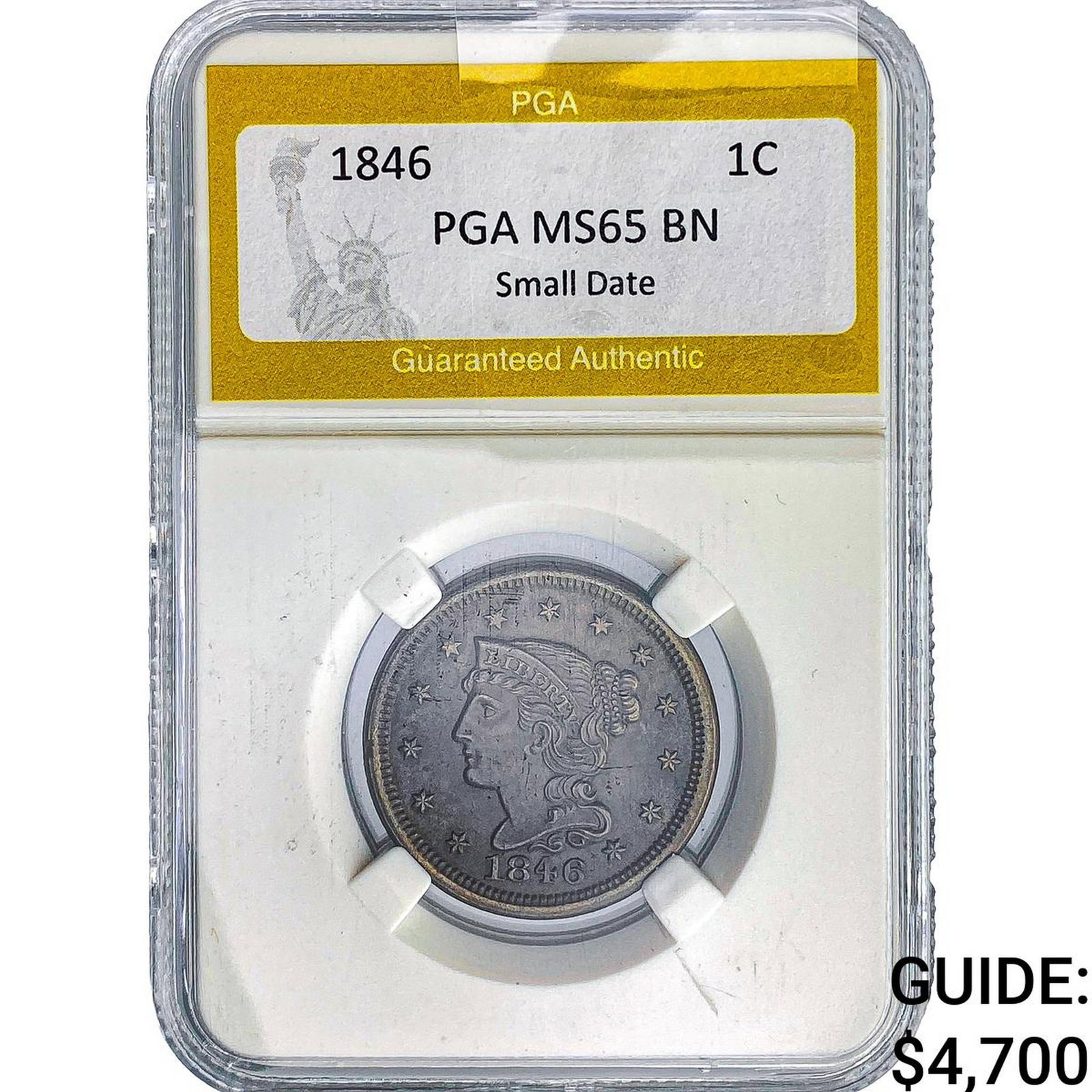 1846 Braided Hair Large Cent PGA MS65 BN Sm Date: 1846 Braided Hair Large Cent PGA MS65 BN Sm Date