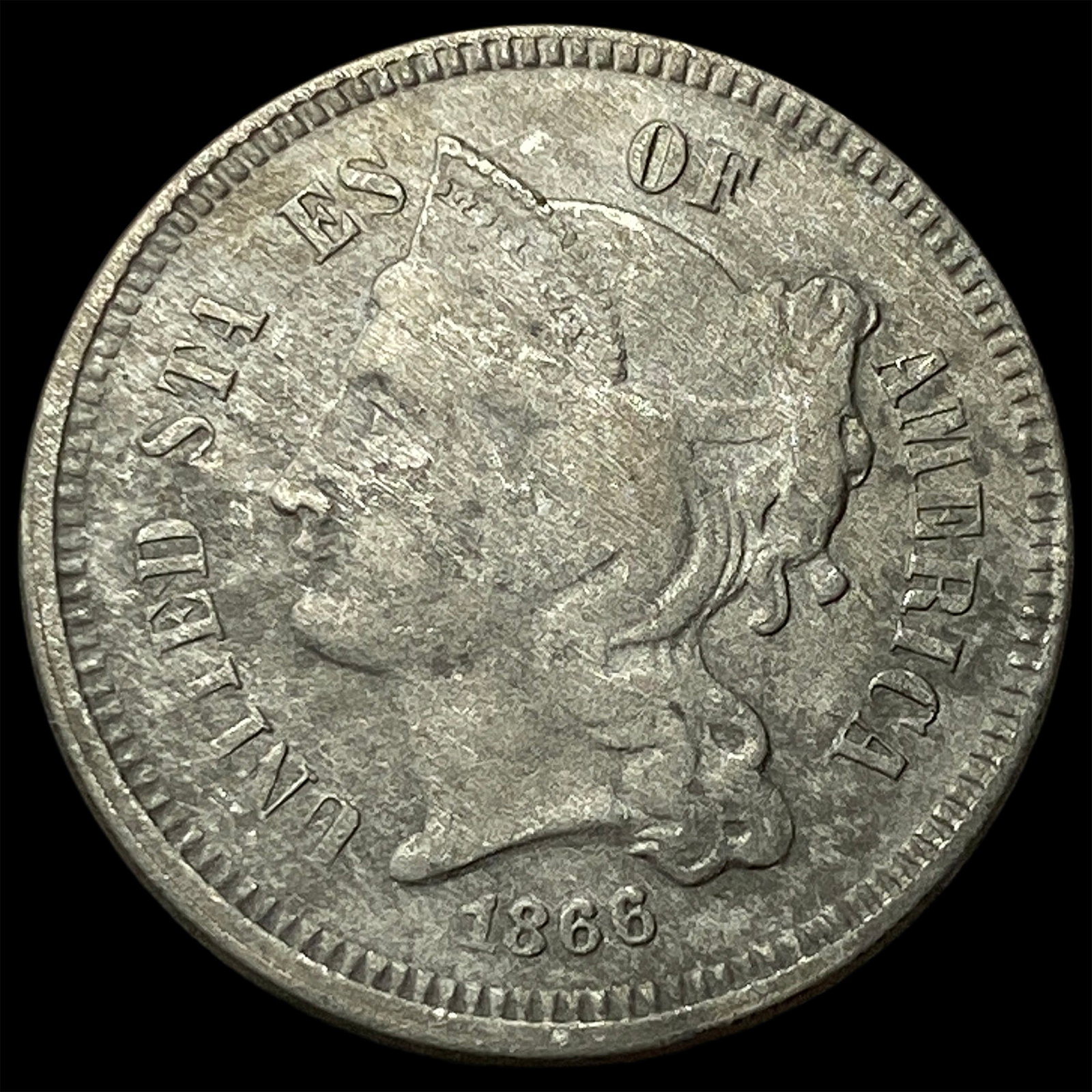 1866 Nickel Three-Cent Piece NEARLY UNCIRCULATED (1 of 2)