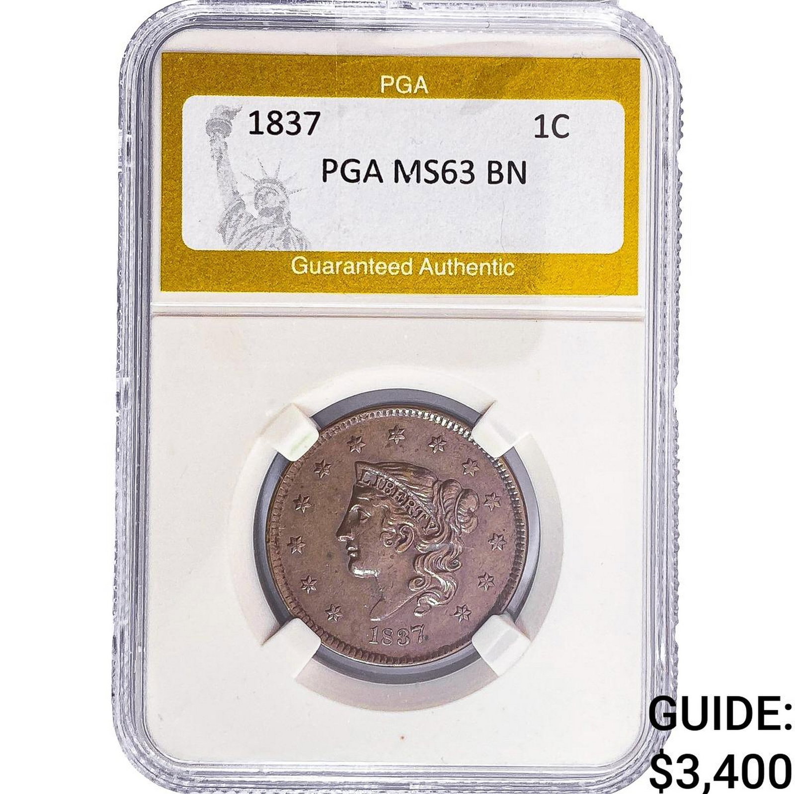 1837 Coronet Head Large Cent PGA MS63 BN (1 of 2)