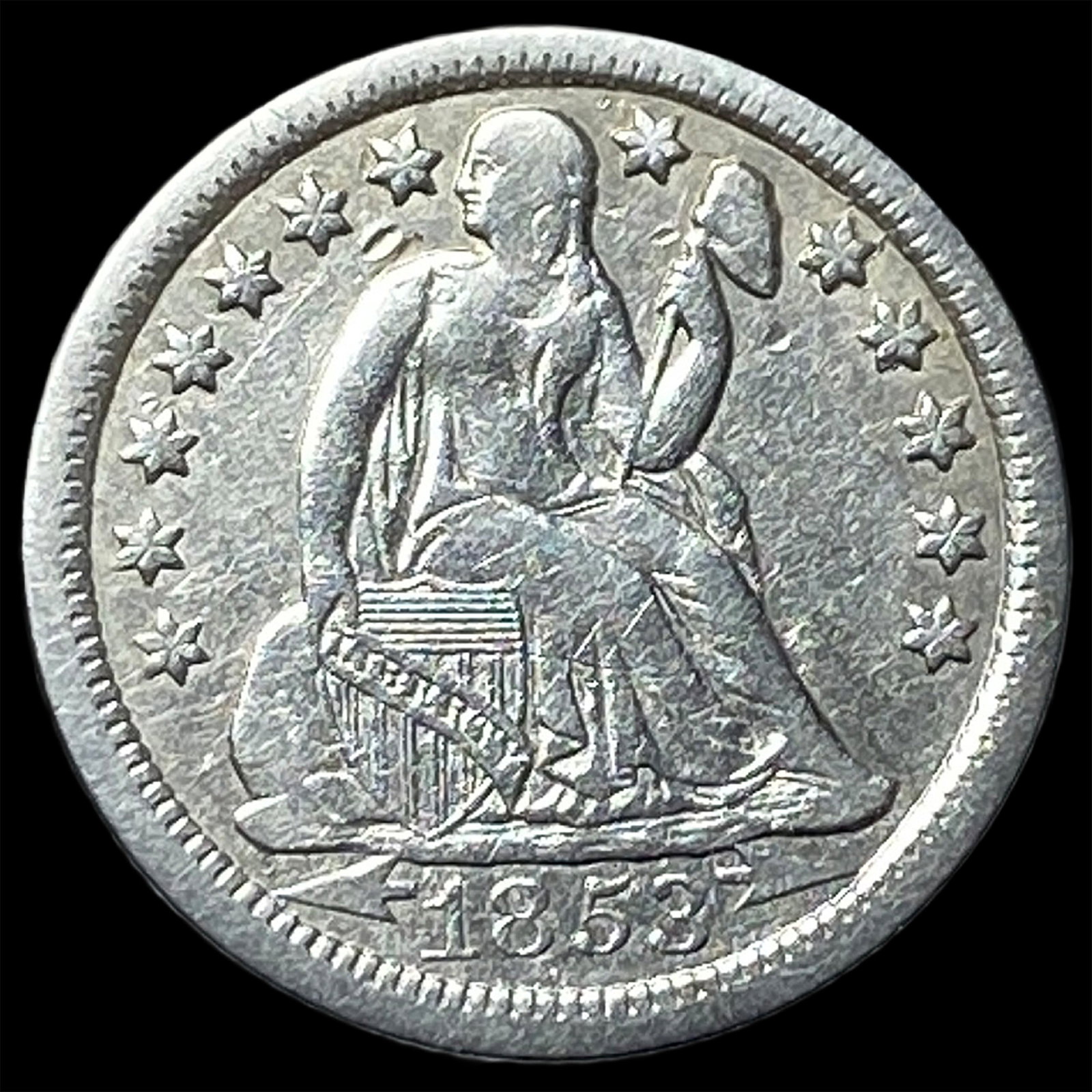 1853-O Silver Seated Liberty Dime NEARLY UNCIRCULATED (1 of 2)
