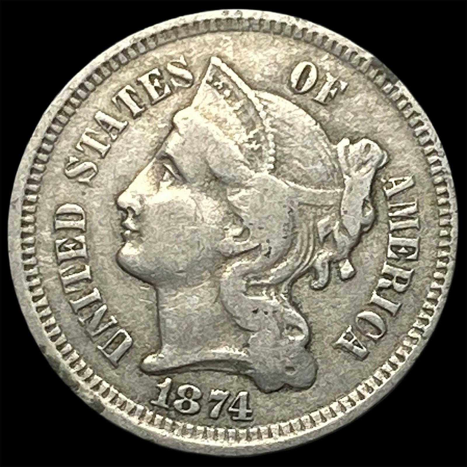 1874 Nickel Three-Cent Piece ABOUT UNCIRCULATED (1 of 2)
