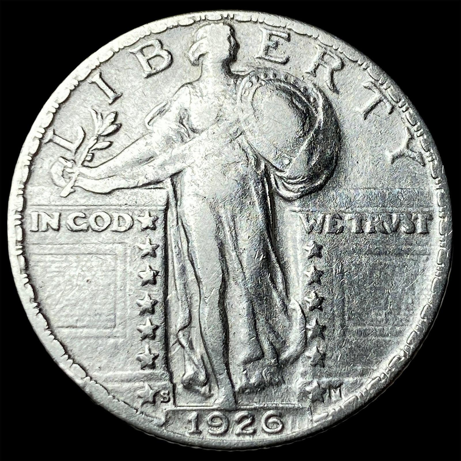 1926-S Silver Standing Liberty Quarter ABOUT UNCIRCULATED: 1926-S Silver Standing Liberty Quarter ABOUT UNCIRCULATED