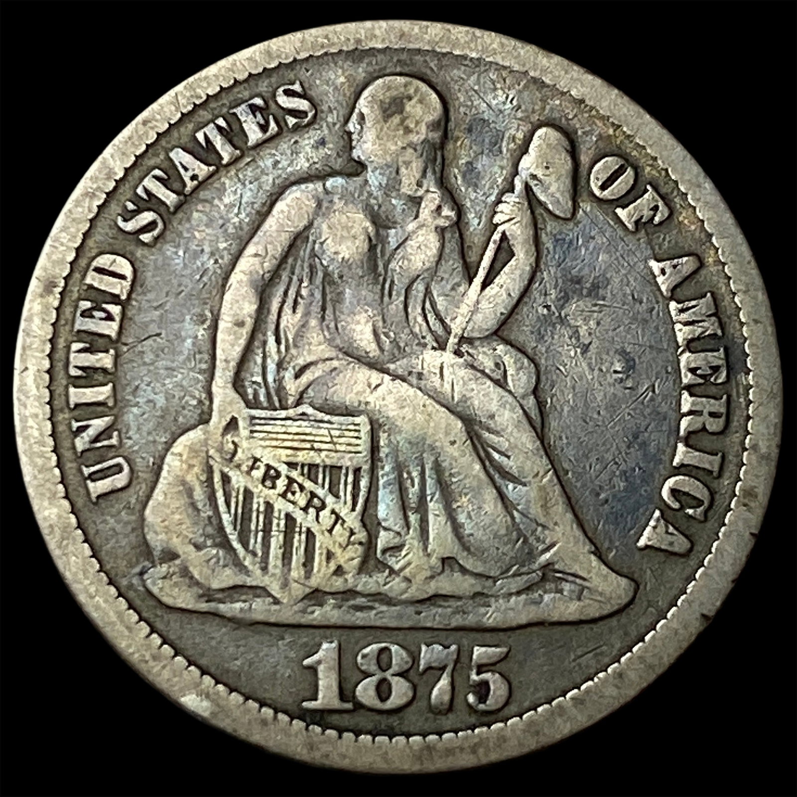1875-CC Silver Seated Liberty Dime ABOUT UNCIRCULATED: 1875-CC Silver Seated Liberty Dime ABOUT UNCIRCULATED