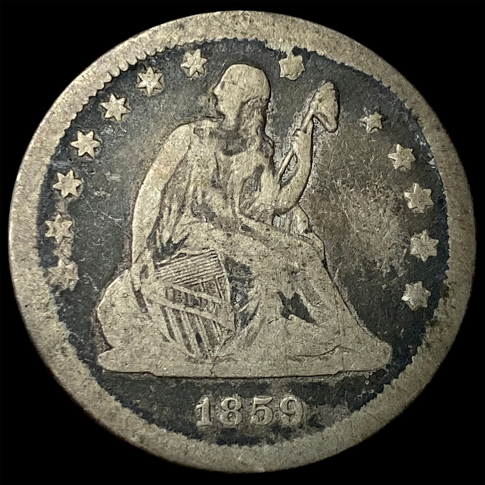 1859 Silver Seated Liberty Quarter NICELY CIRCULATED: 1859 Silver Seated Liberty Quarter NICELY CIRCULATED
