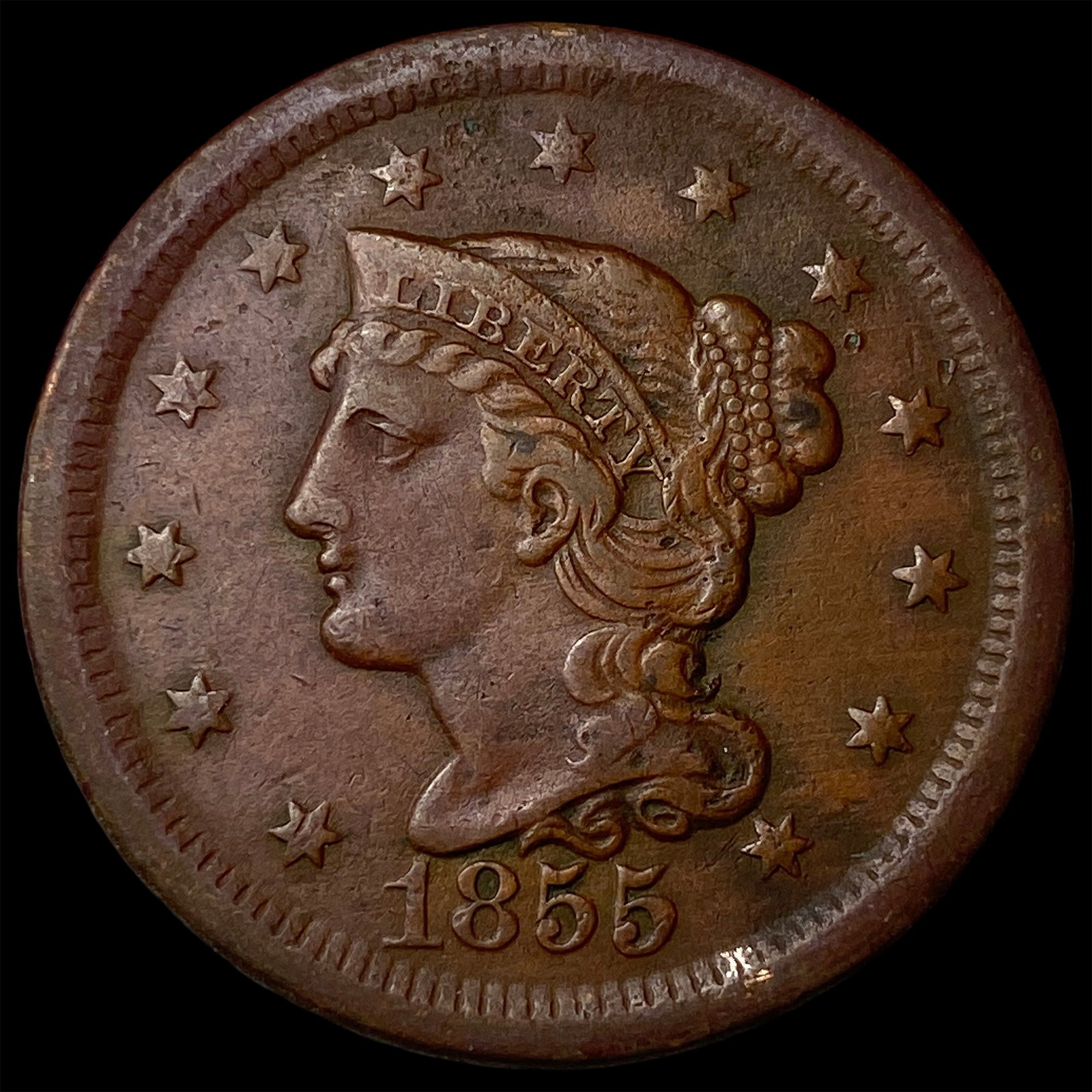 1855 Braided Hair Large Cent NEARLY UNCIRCULATED (1 of 2)