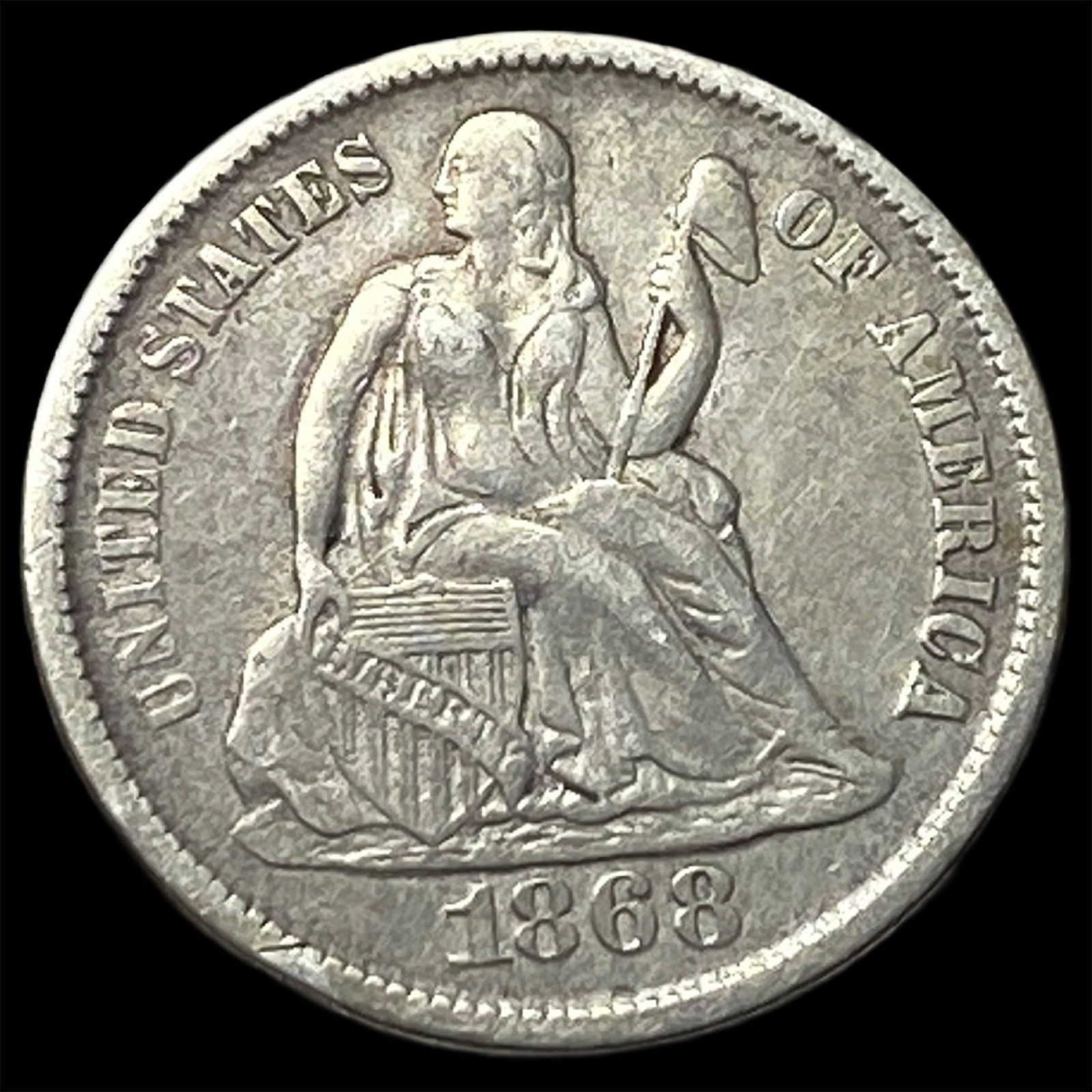 1868-S Silver Seated Liberty Dime NEARLY UNCIRCULATED (1 of 2)