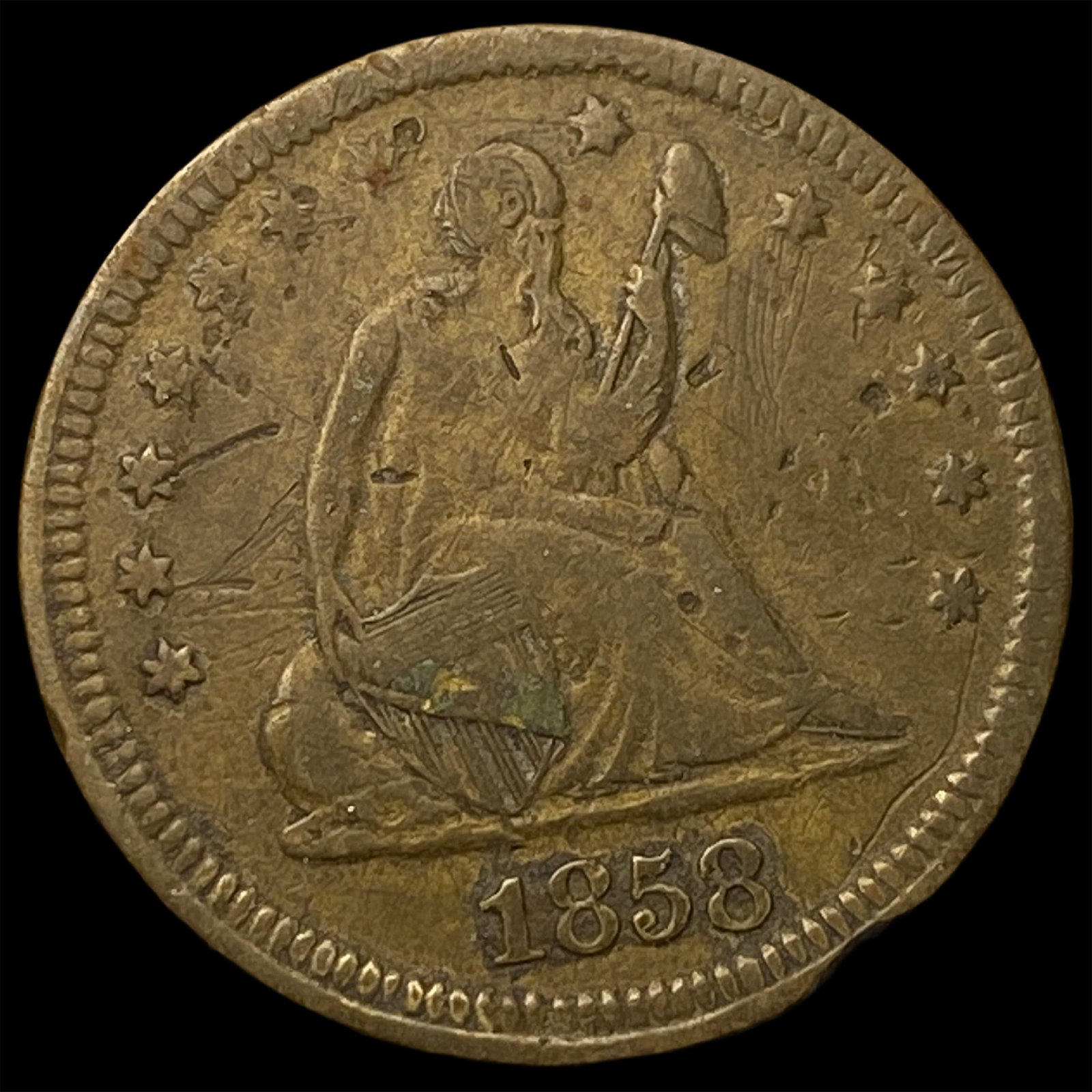 1858 Seated Liberty Half Dime (holed). HIGH GRADE (1 of 2)