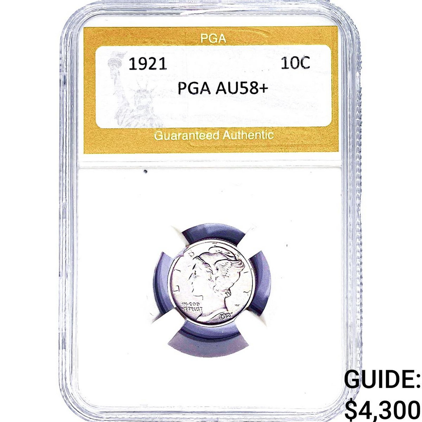 1921 Mercury Silver Dime PGA AU58+: 1921 Mercury Silver Dime PGA AU58+