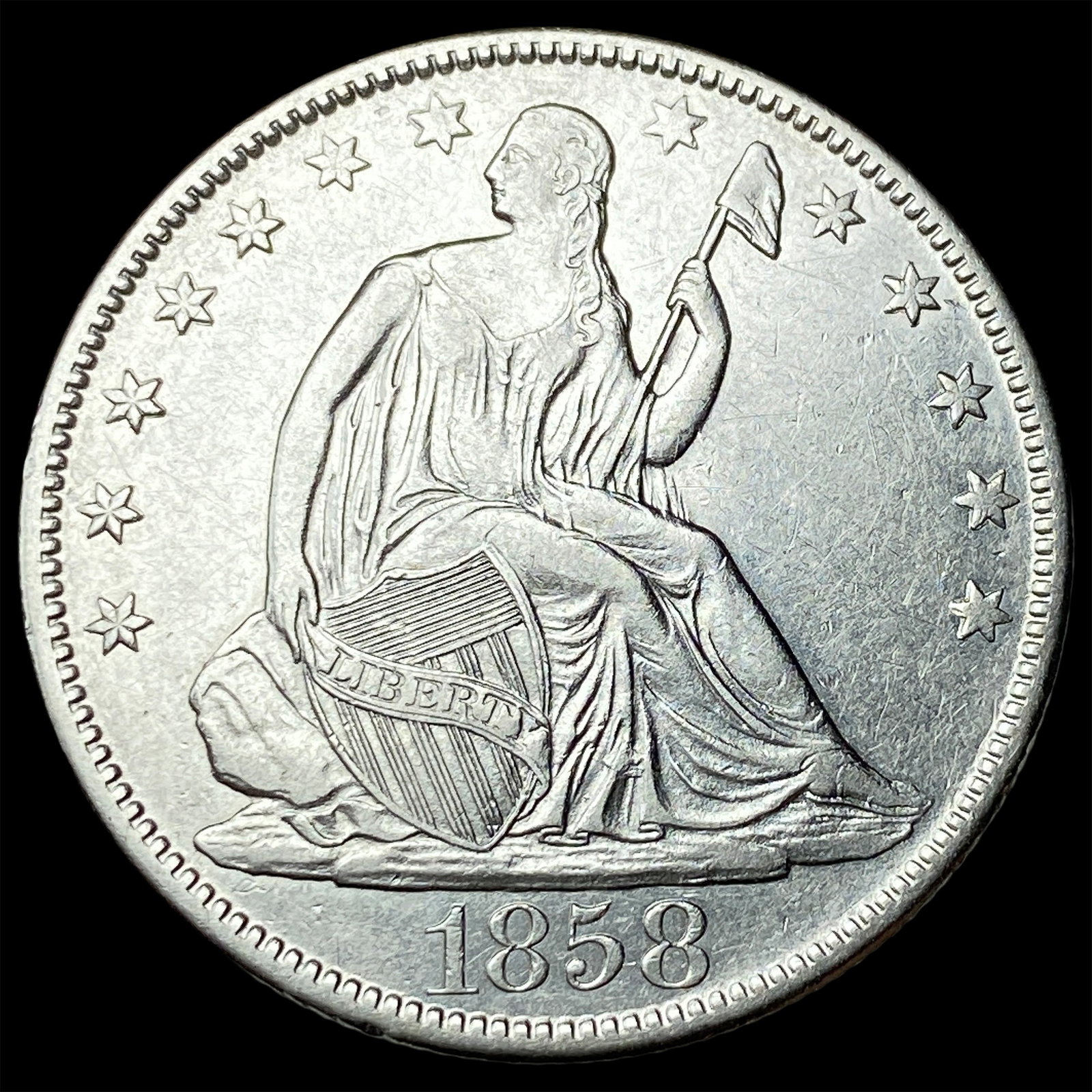 1858-O Silver Seated Liberty Half Dollar CLOSELY UNCIRCULATED: 1858-O Silver Seated Liberty Half Dollar CLOSELY UNCIRCULATED