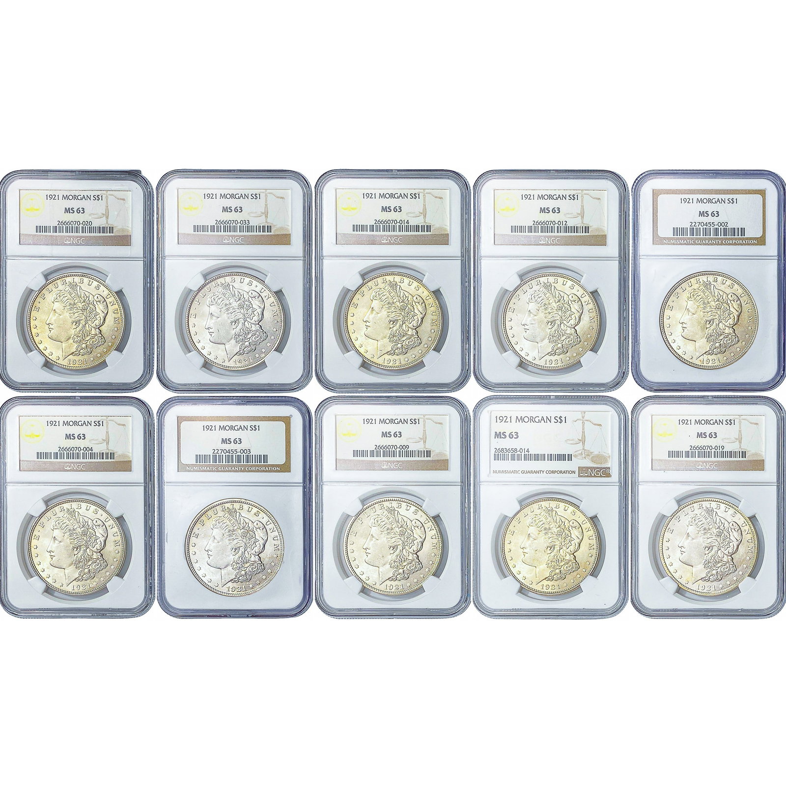 [10 Coins] 1921 Morgan Silver Dollar NGC MS63: [10 Coins] 1921 Morgan Silver Dollar NGC MS63