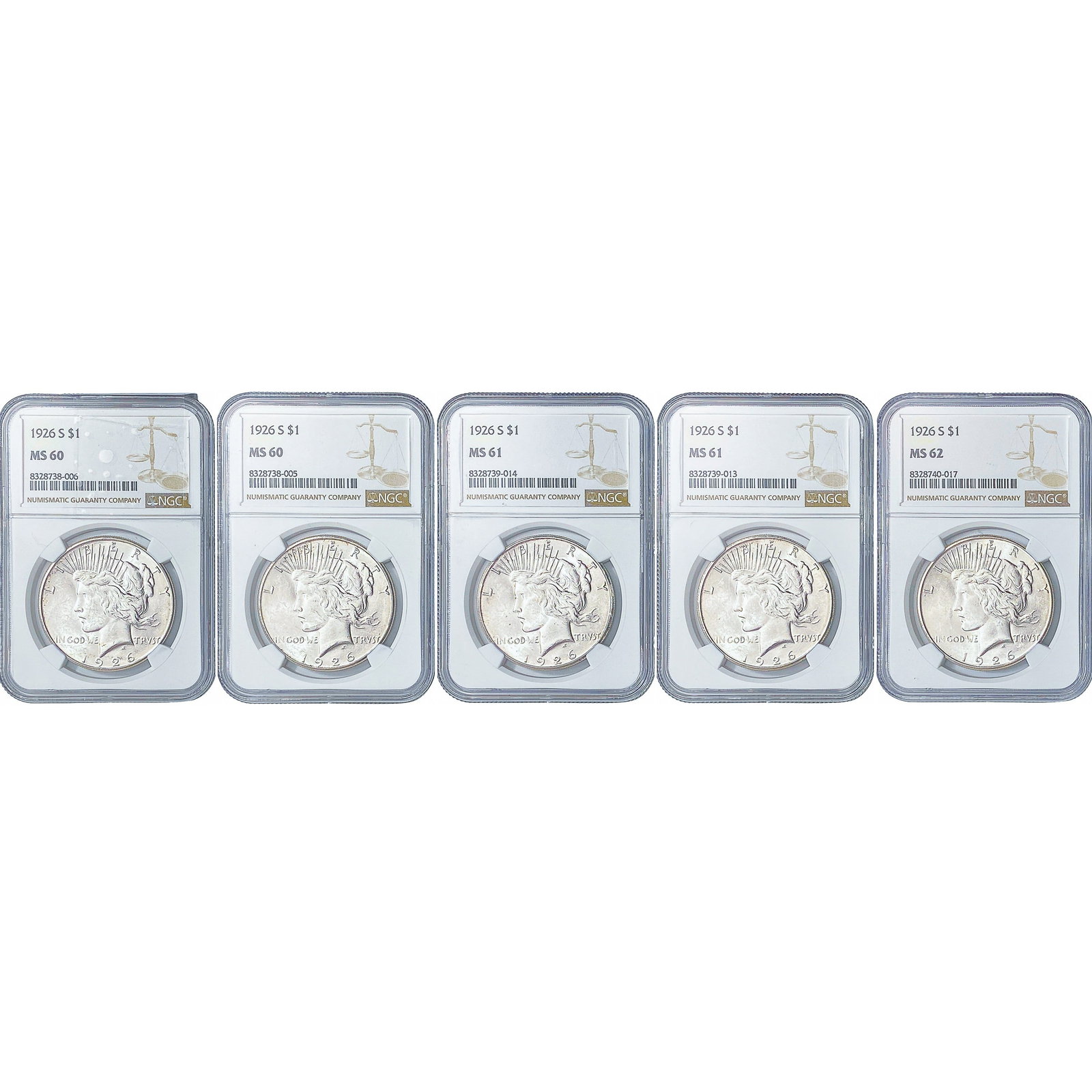 [5 Coins] 1926-S Silver Peace Dollar NGC MS60: [5 Coins] 1926-S Silver Peace Dollar NGC MS60