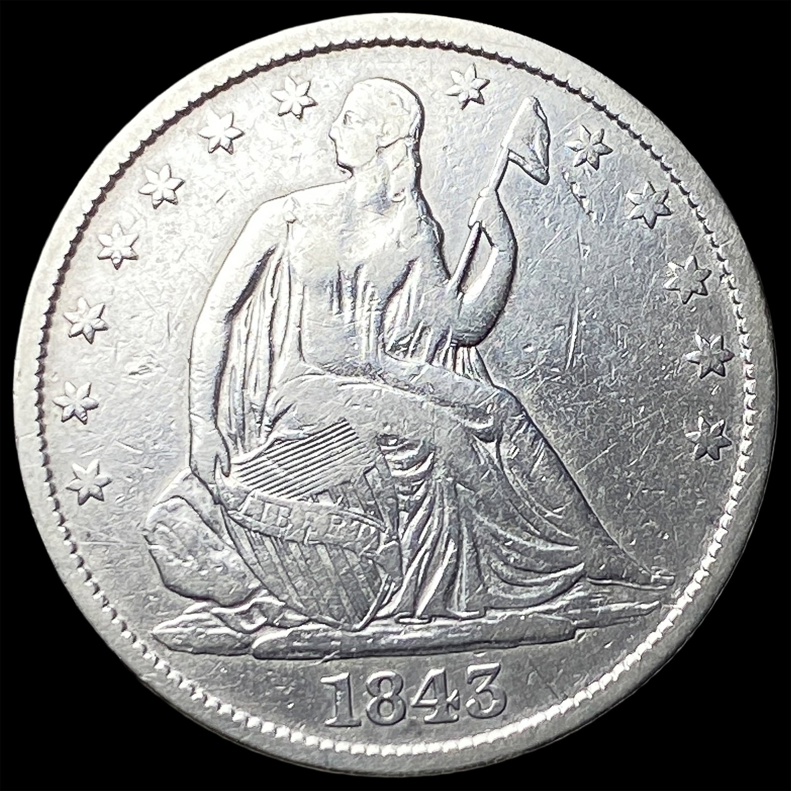 1843 Silver Seated Liberty Half Dollar NEARLY UNCIRCULATED: 1843 Silver Seated Liberty Half Dollar NEARLY UNCIRCULATED