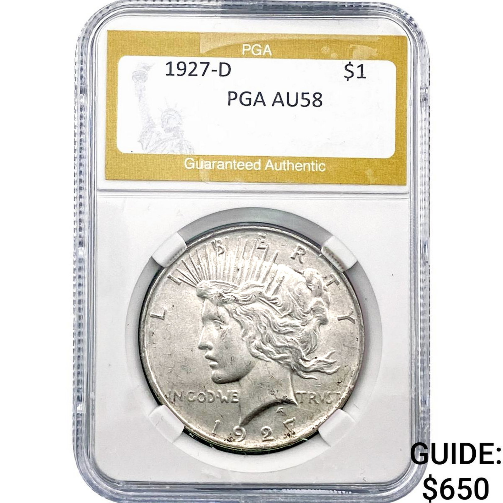 1927-D Silver Peace Dollar PGA AU58: 1927-D Silver Peace Dollar PGA AU58