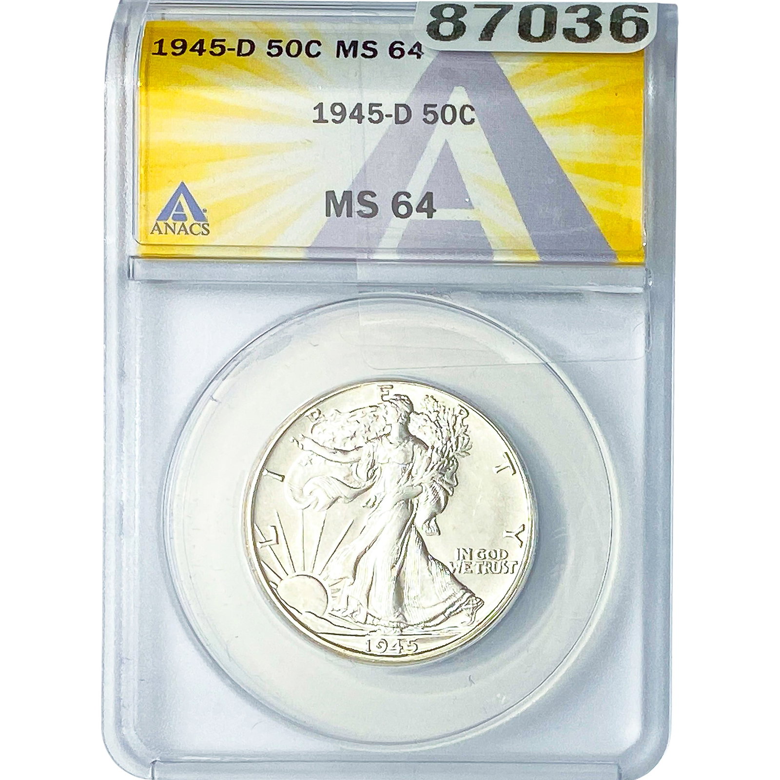 1945-D Walking Liberty Half Dollar ANACS MS64: 1945-D Walking Liberty Half Dollar ANACS MS64