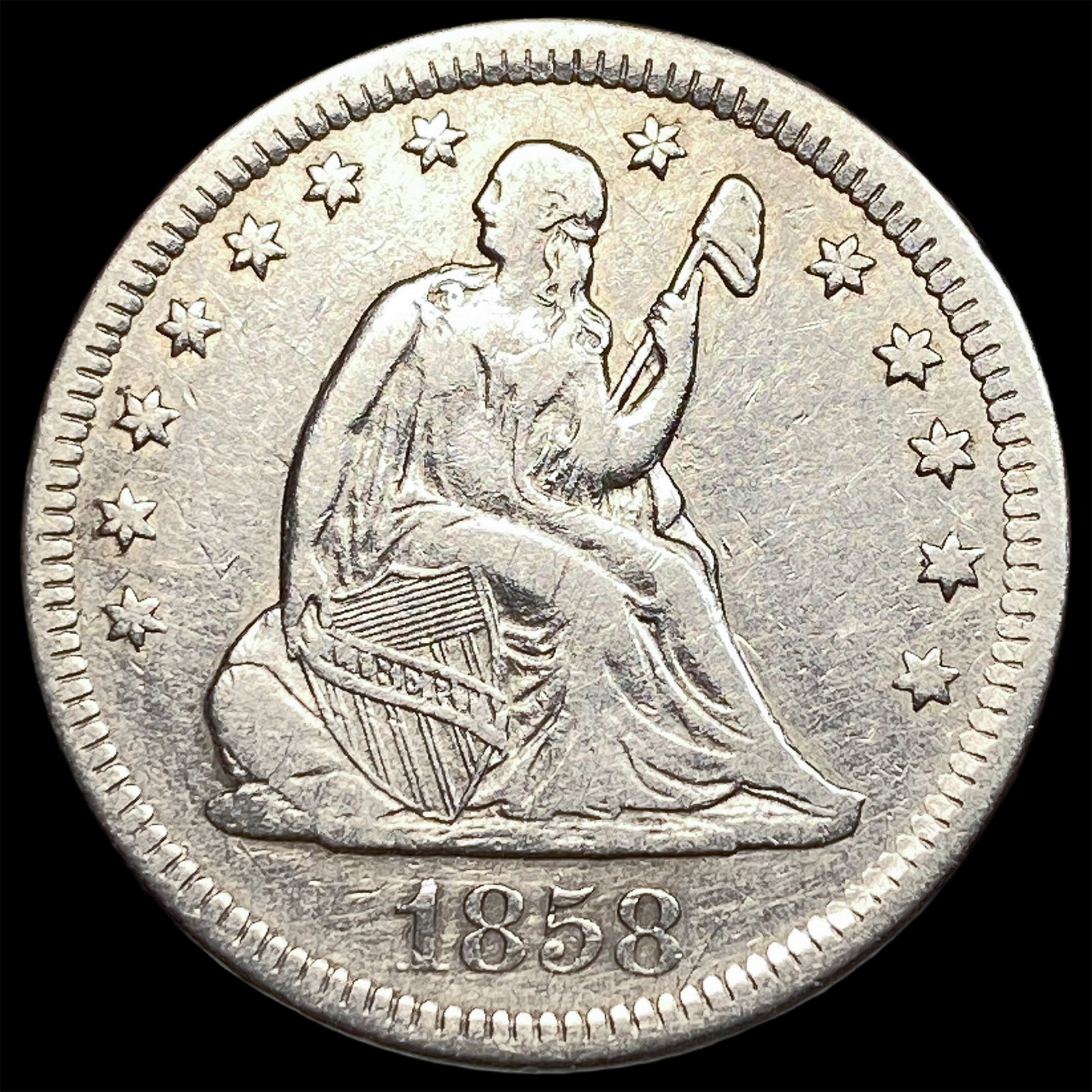 1858-O Silver Seated Liberty Quarter NEARLY UNCIRCULATED (1 of 2)