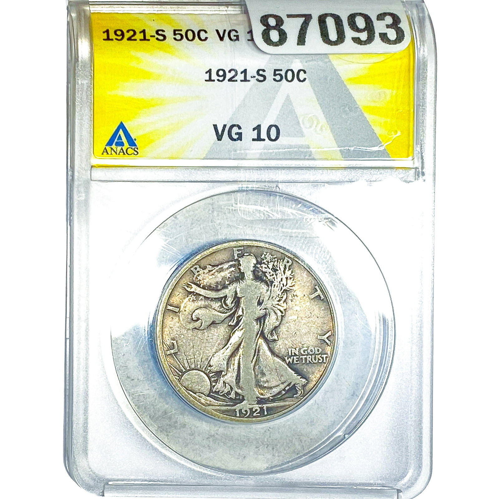 1921-S Walking Liberty Half Dollar ANACS VG10: 1921-S Walking Liberty Half Dollar ANACS VG10