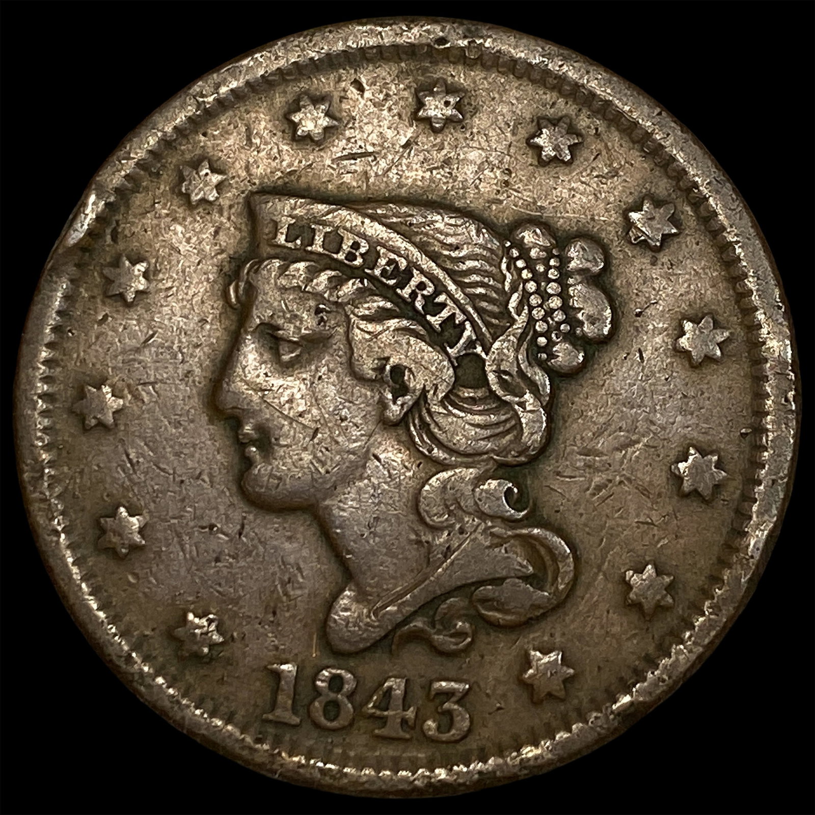 1843 Braided Hair Large Cent NEARLY UNCIRCULATED (1 of 2)