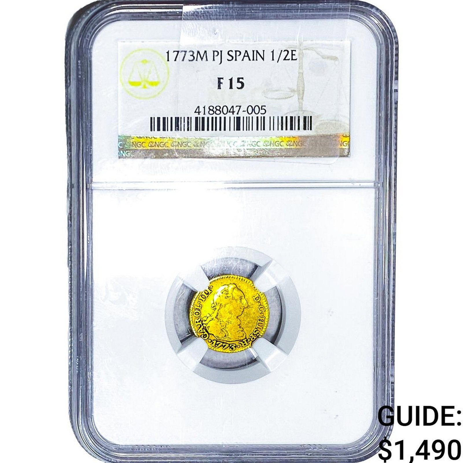 1773M PJ Spain Gold 1/2 Escudo .0516 AGW NGC F15: 1773M PJ Spain Gold 1/2 Escudo .0516 AGW NGC F15
