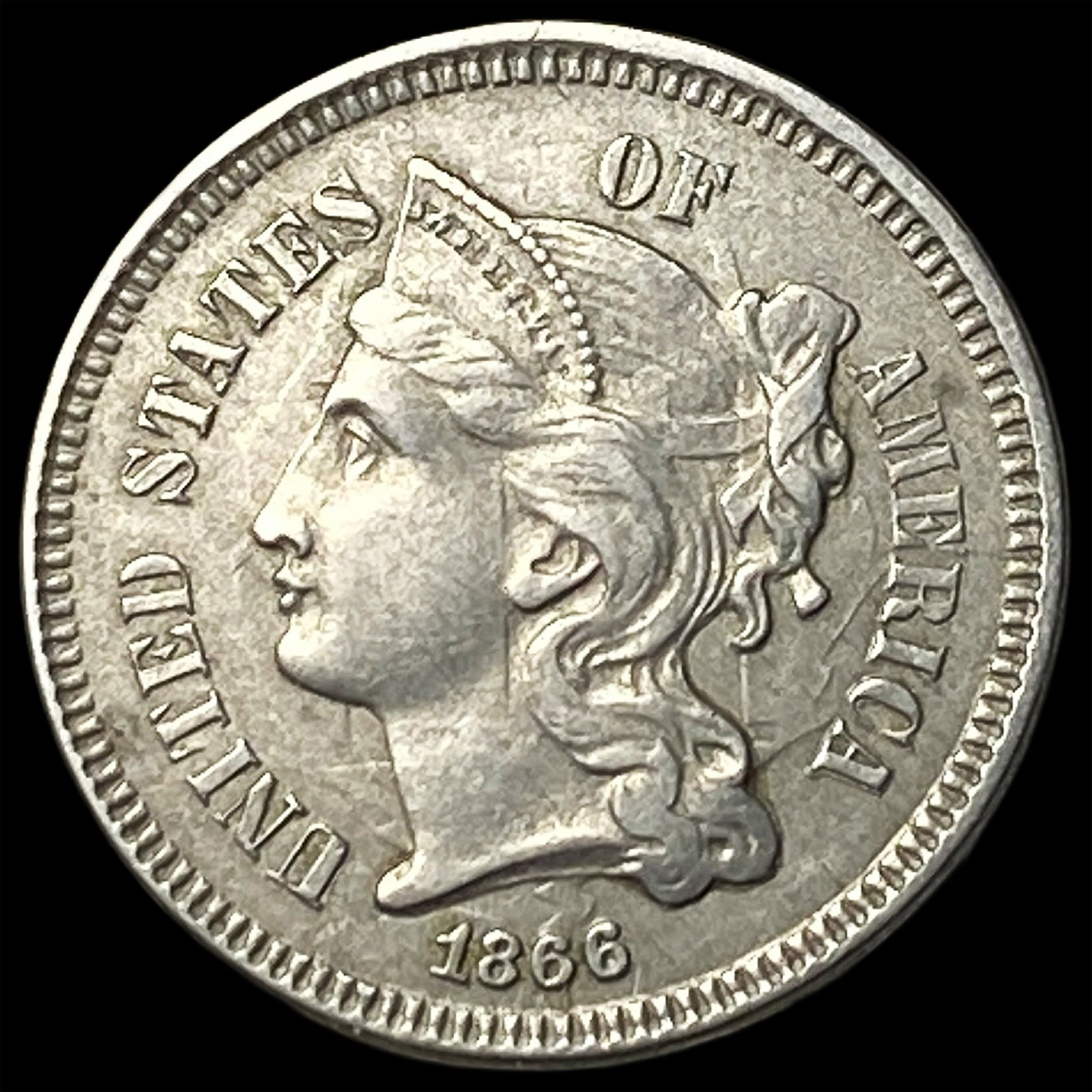1866 Nickel Three-Cent Piece CLOSELY UNCIRCULATED (1 of 2)