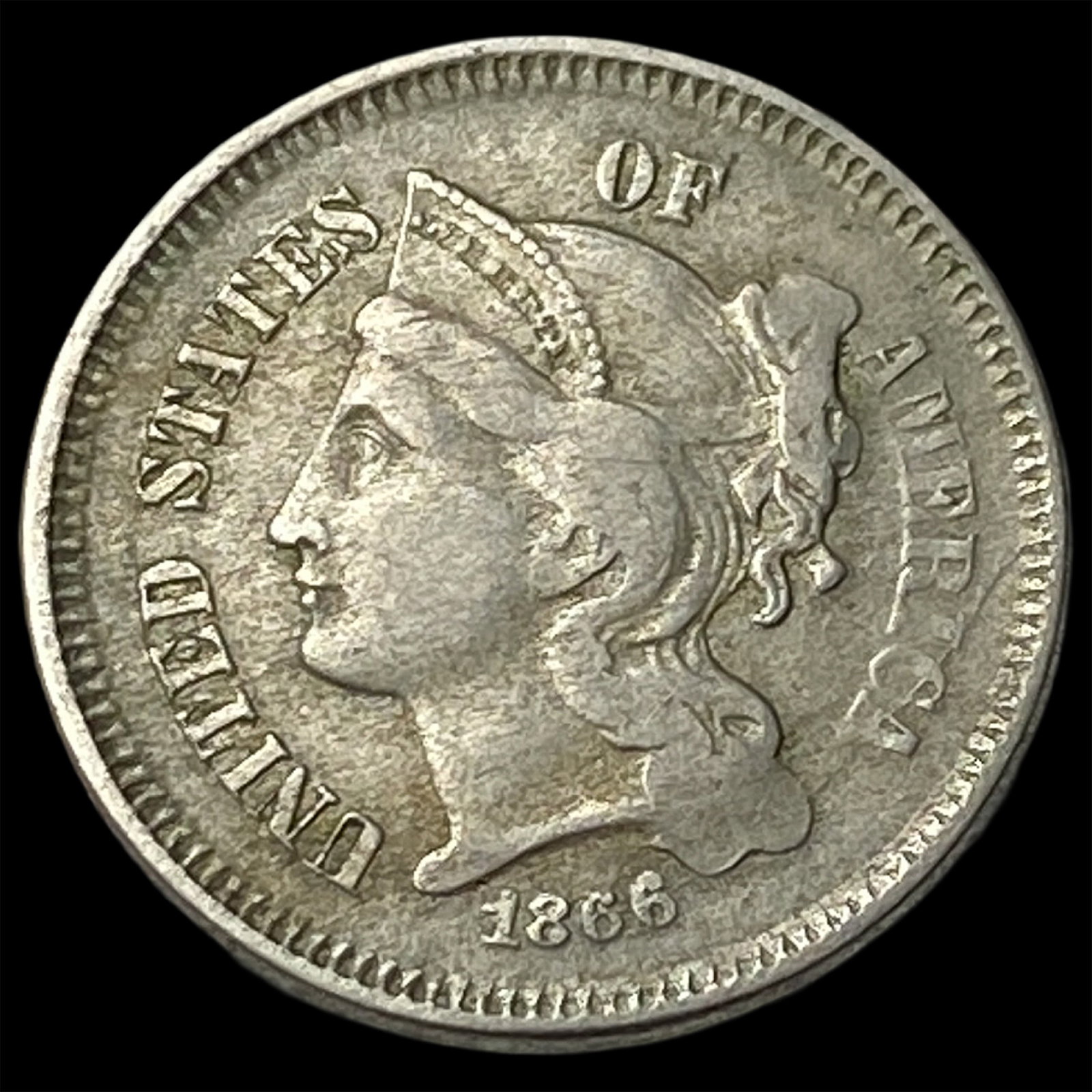 1866 Nickel Three-Cent Piece NEARLY UNCIRCULATED (1 of 2)