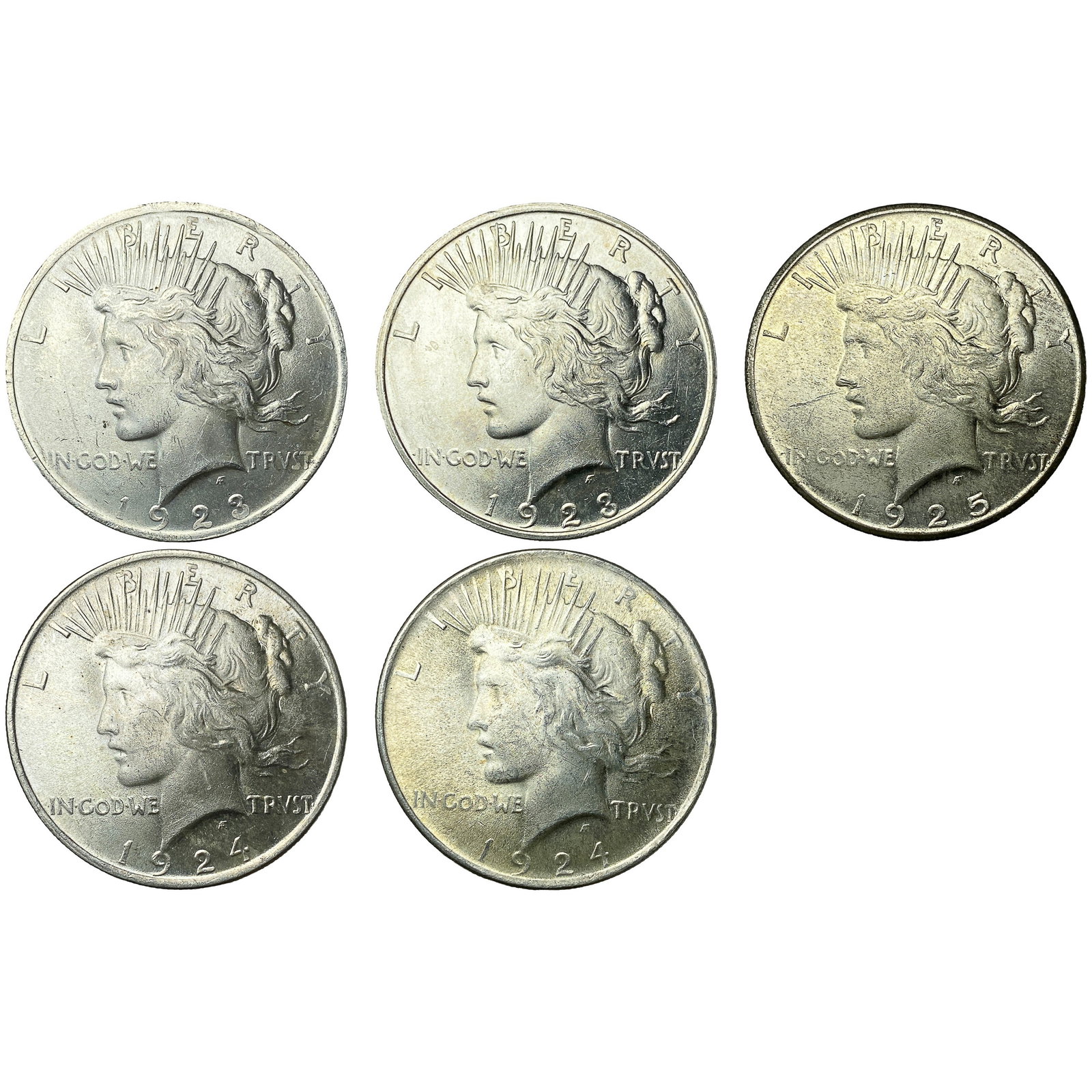[5 Coins] 1923-1925 Silver Peace Dollar (1 of 2)