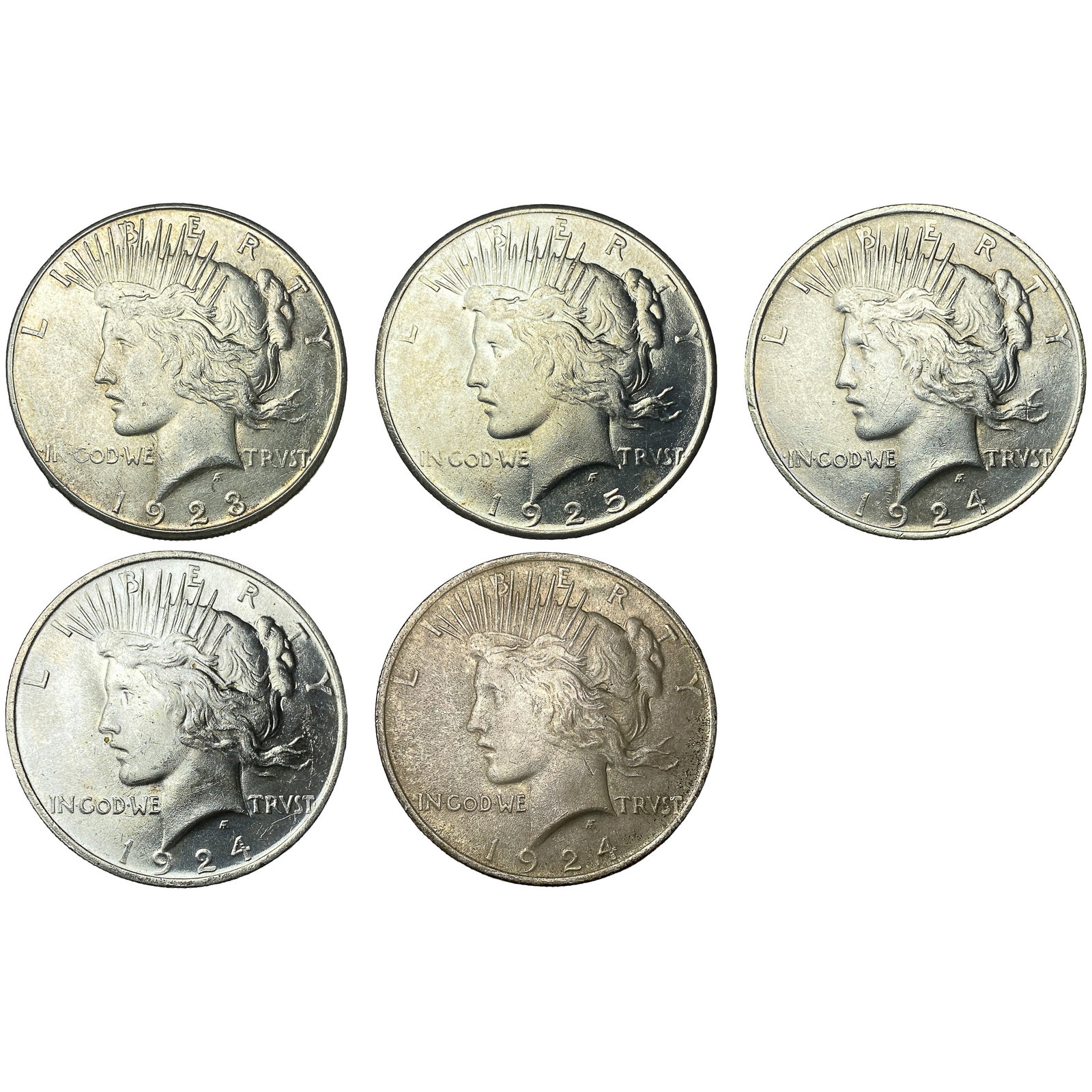 [5 Coins] 1923-1925 Silver Peace Dollar (1 of 2)