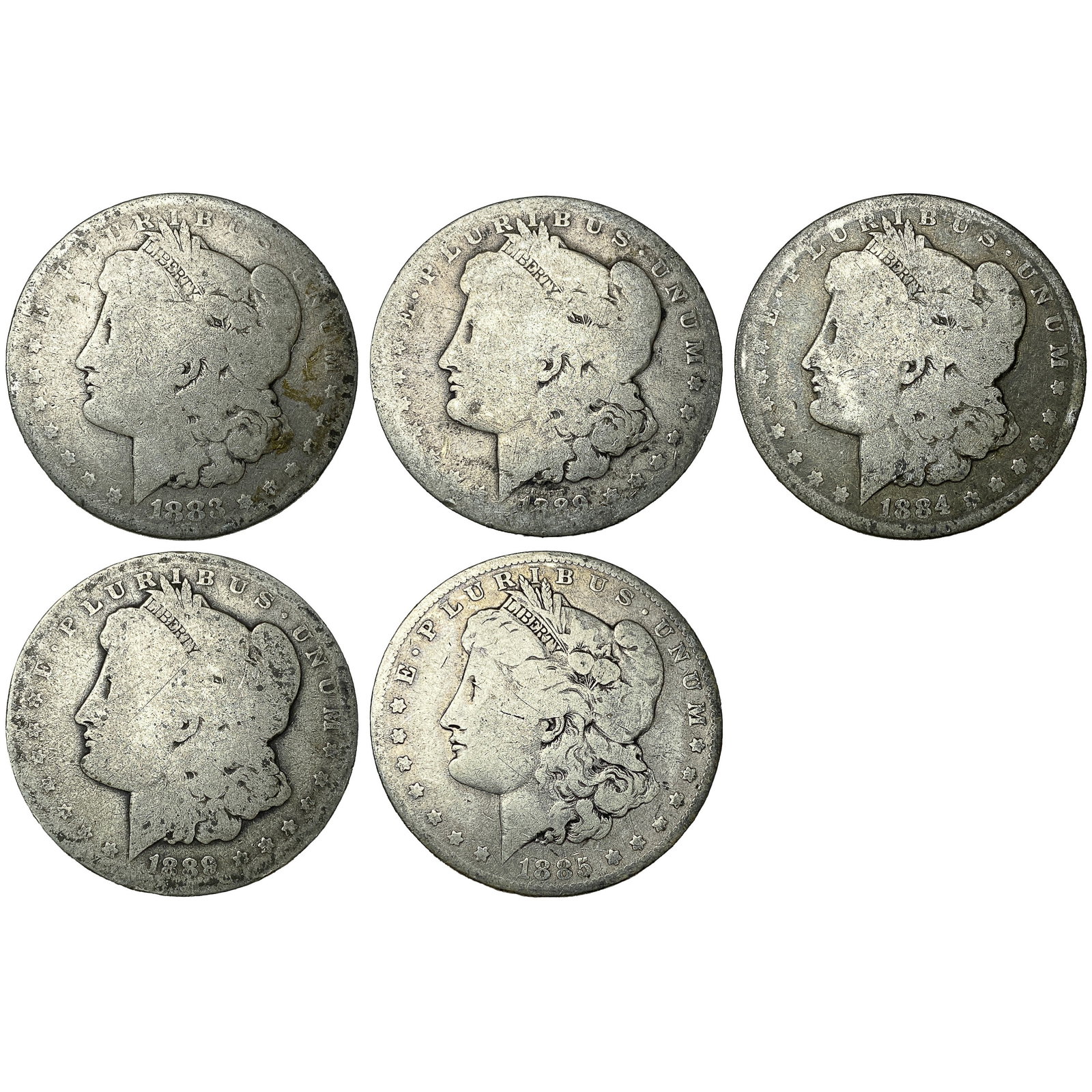 [5 Coins] 1883-1889 Morgan Silver Dollar (1 of 2)
