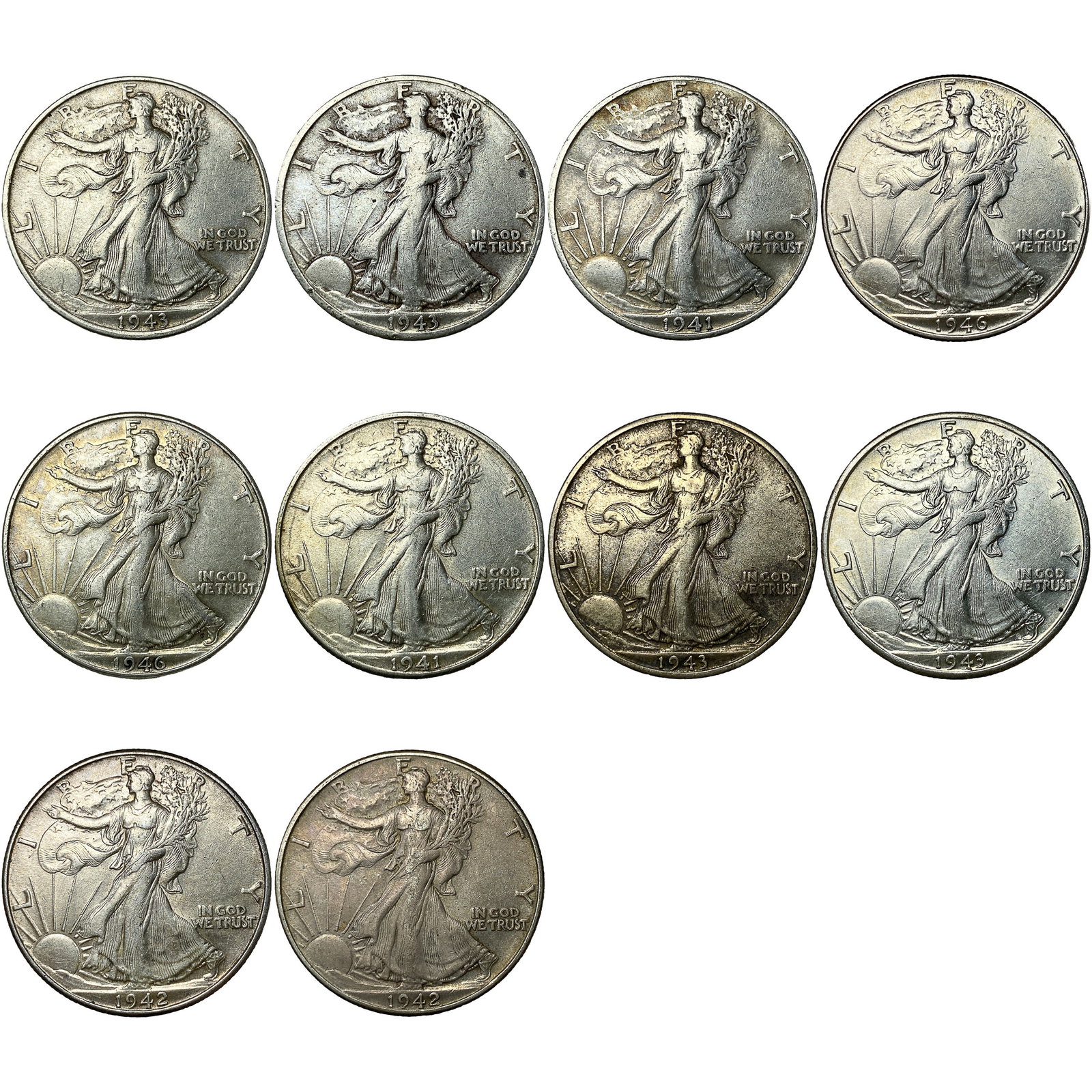[10 Coins] 1941-1946 Walking Liberty Half Dollar: [10 Coins] 1941-1946 Walking Liberty Half Dollar