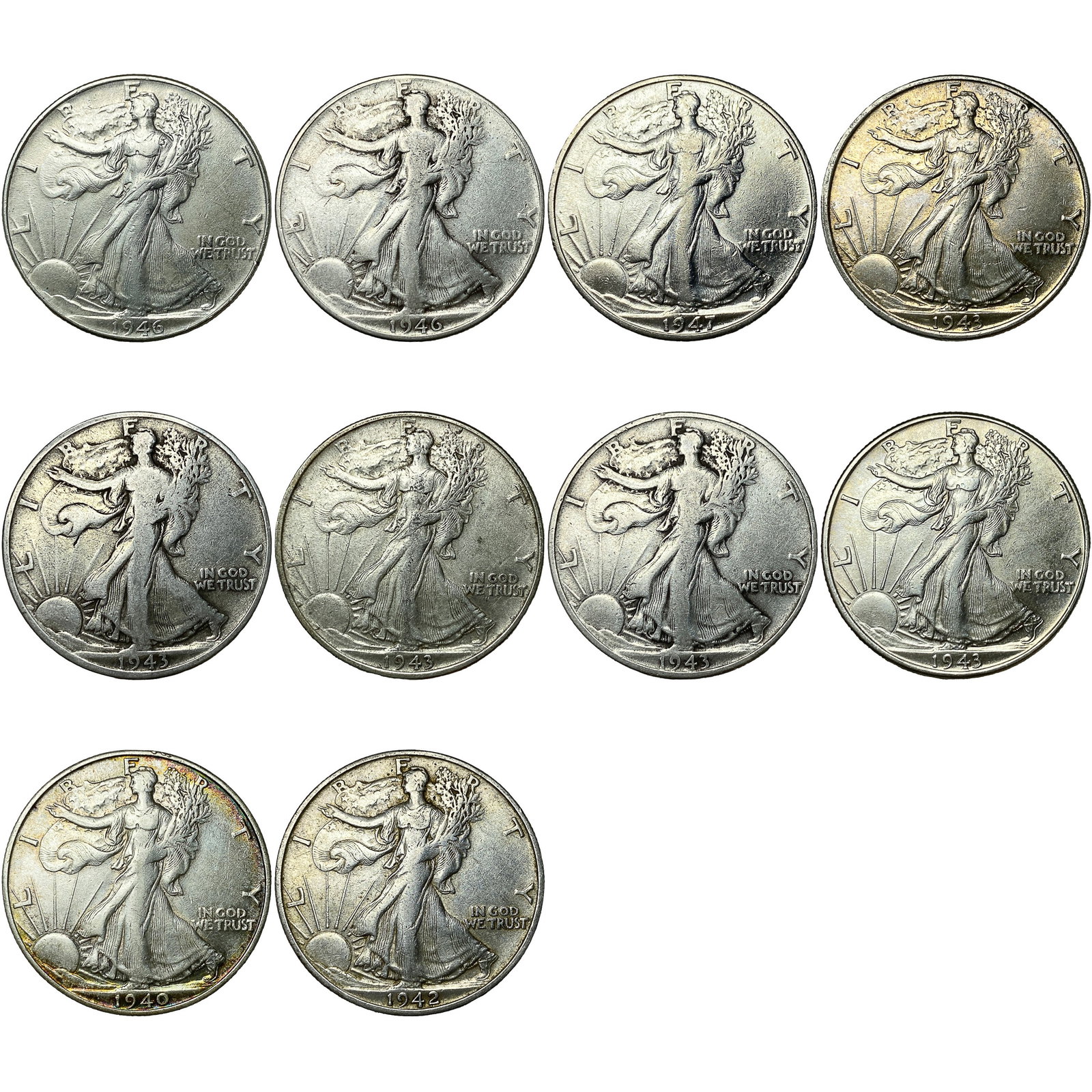 [10 Coins] 1940-1947 Walking Liberty Half Dollar: [10 Coins] 1940-1947 Walking Liberty Half Dollar