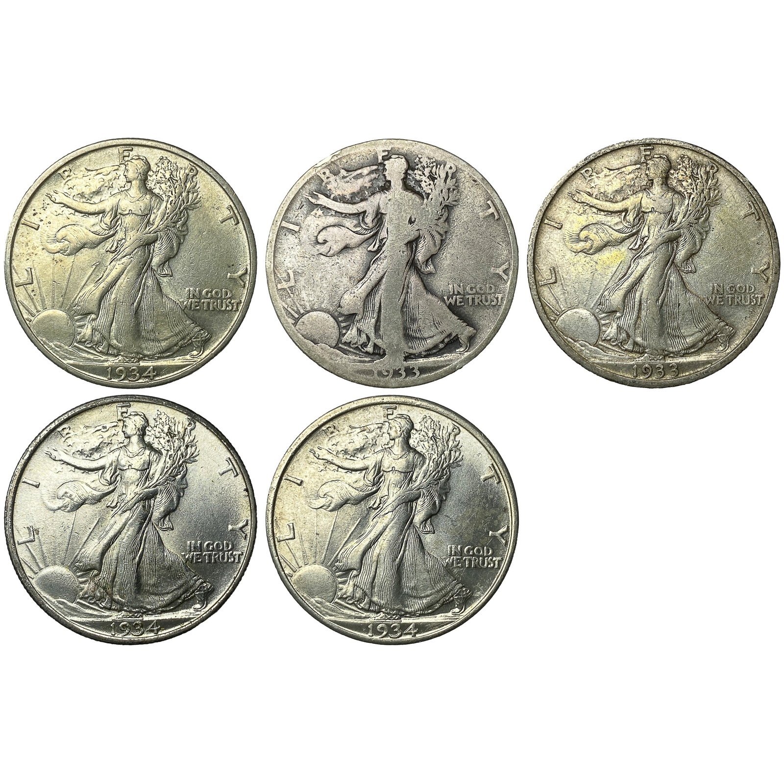 [5 Coins] 1933-1934 Walking Liberty Half Dollar (1 of 2)