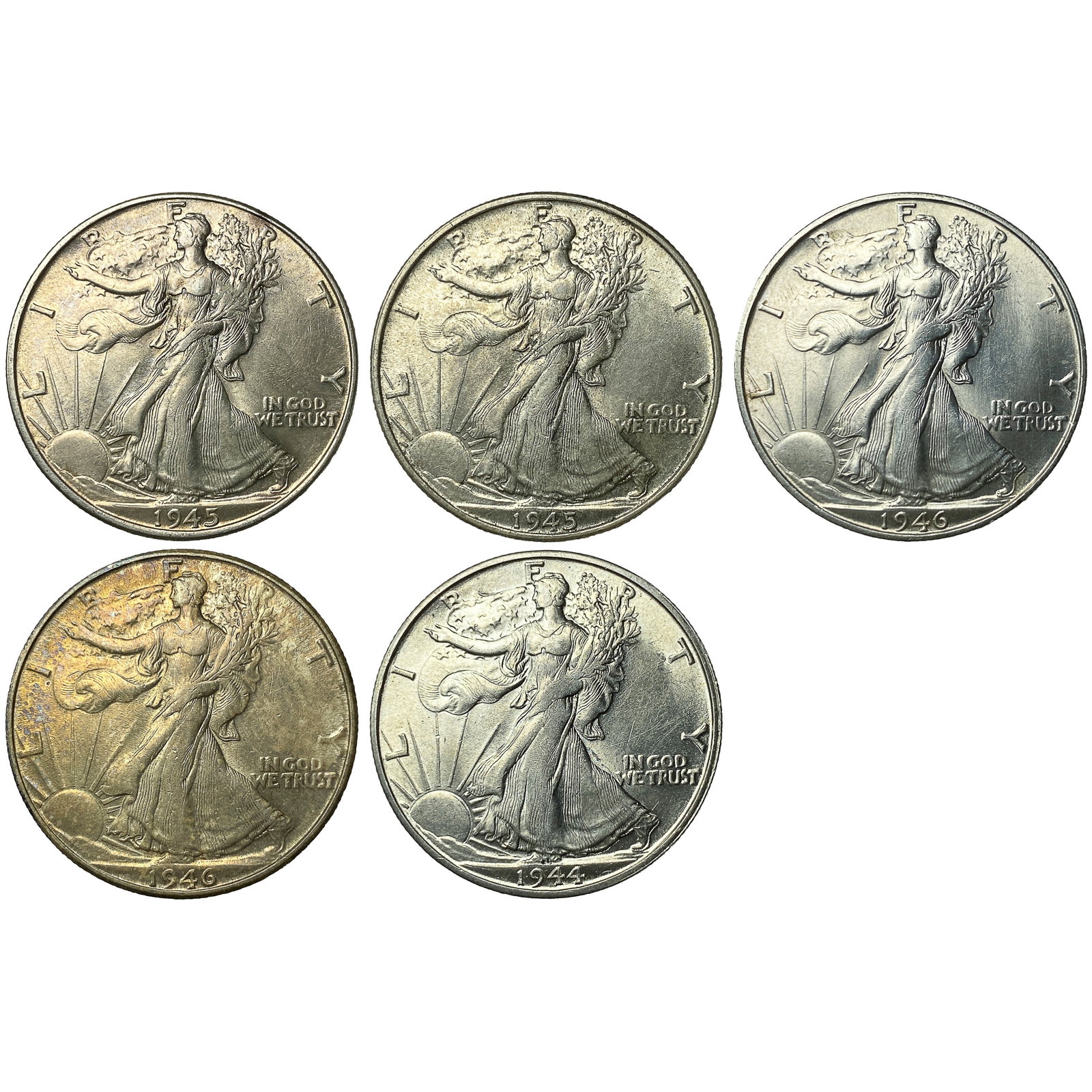 [5 Coins] 1944-1946 Walking Liberty Half Dollar (1 of 2)