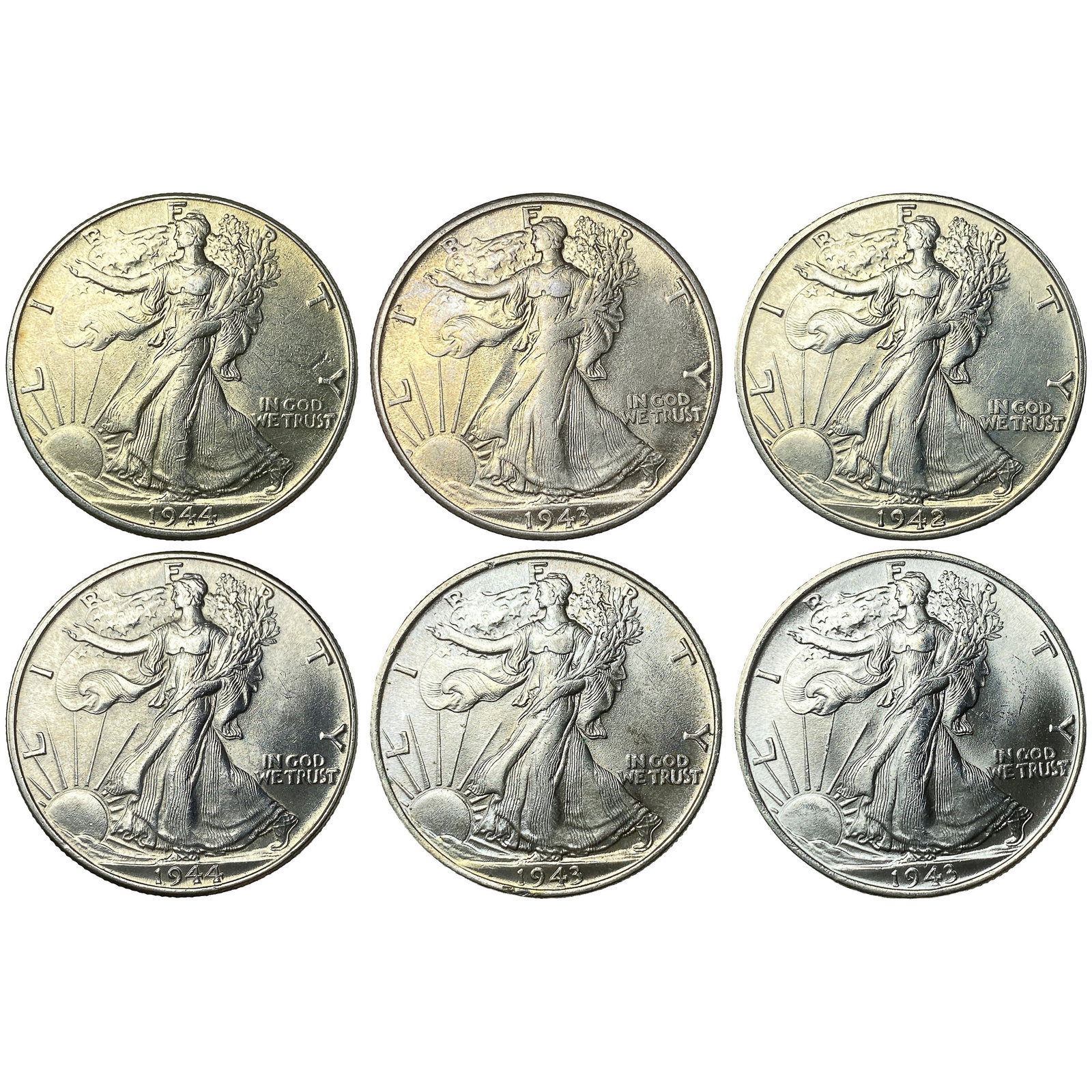 [6 Coins] 1942-1944 Walking Liberty Half Dollar: [6 Coins] 1942-1944 Walking Liberty Half Dollar