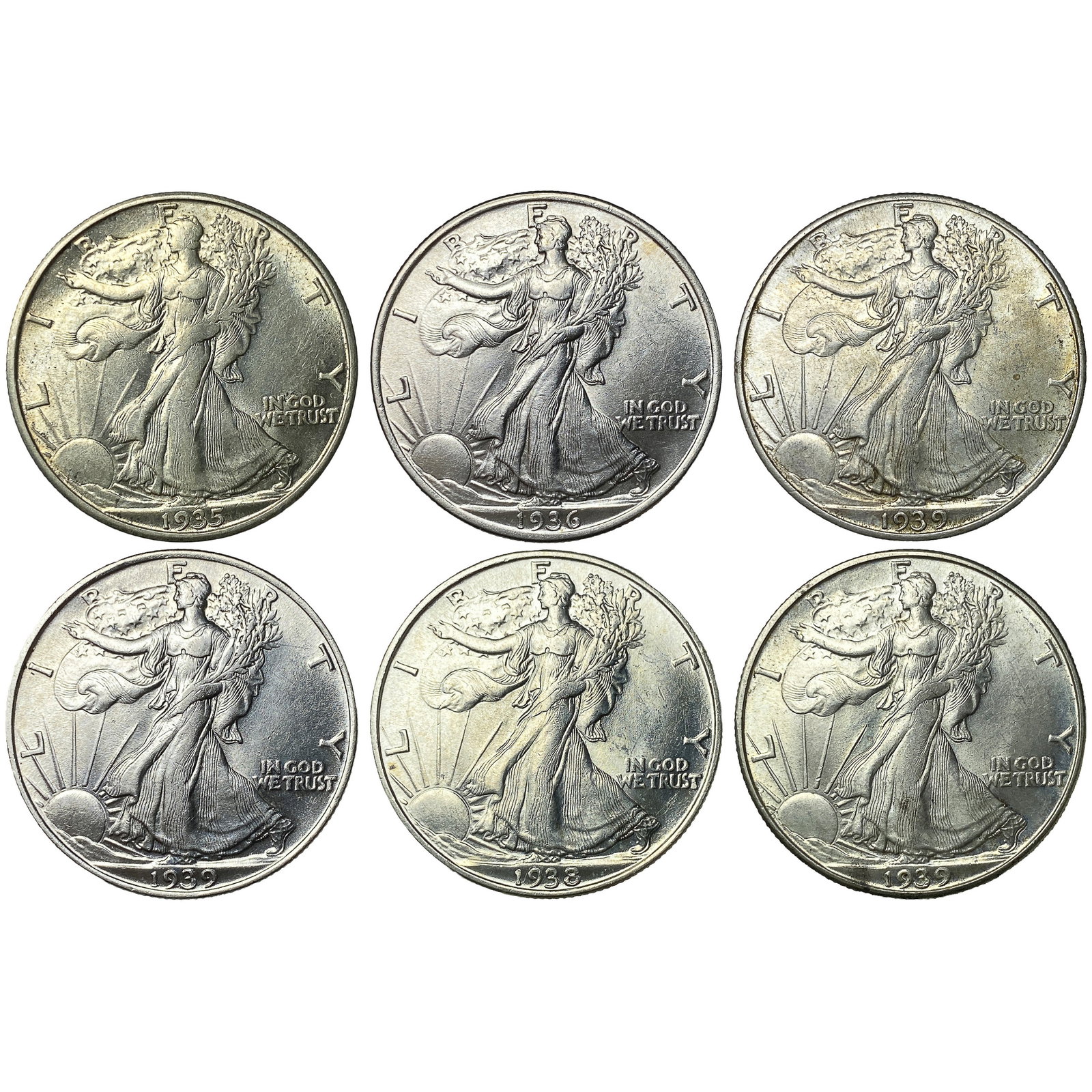 [6 Coins] 1935-1939 Walking Liberty Half Dollar: [6 Coins] 1935-1939 Walking Liberty Half Dollar